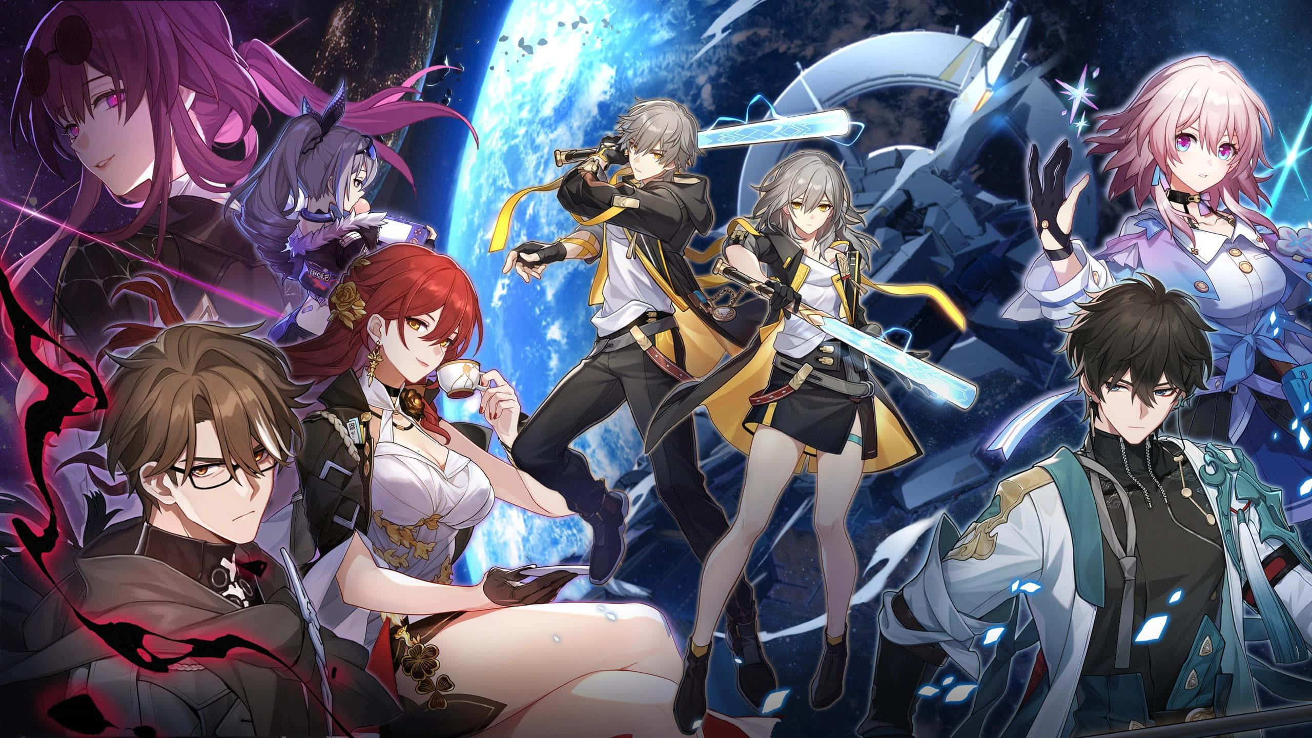 Honkai Star Rail, seven characters, glowing weapons, 2K Desktop Wallpaper