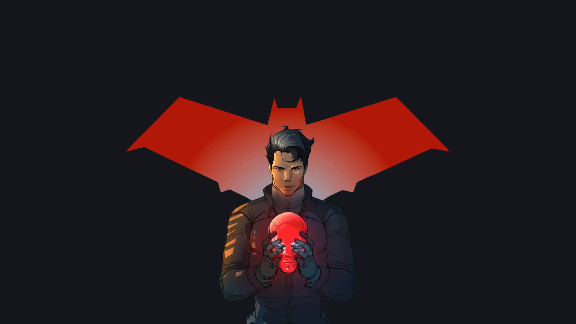 Hood, black suit, glowing red skull, Full HD Desktop Wallpaper
