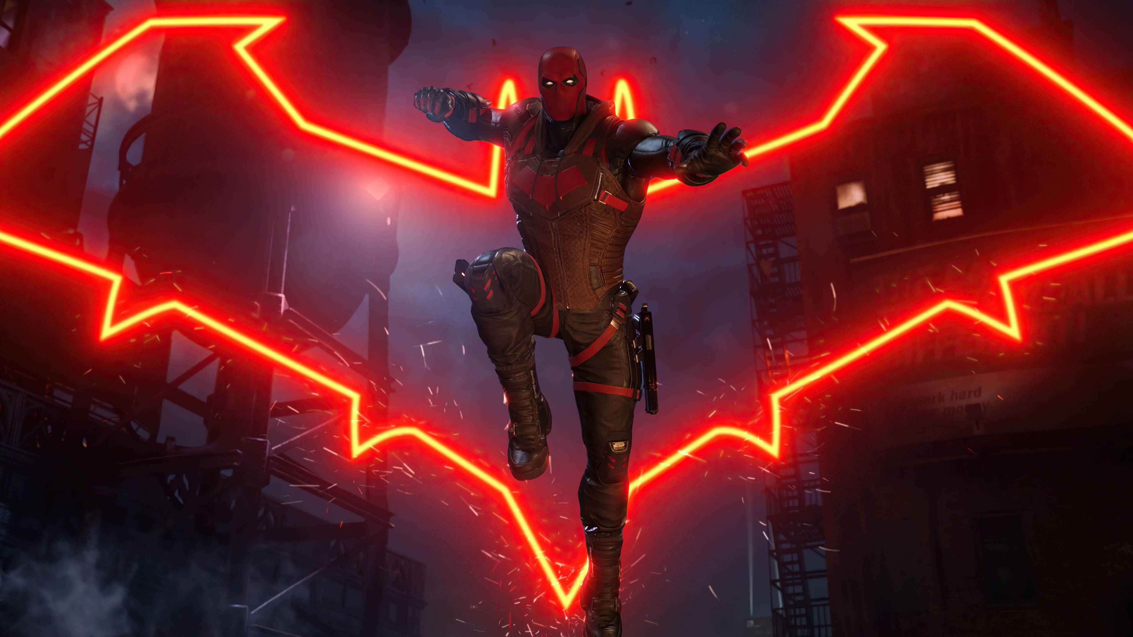 Red Hood, dark urban backdrop, glowing red bat-shaped energy lines, 4K Desktop Wallpaper