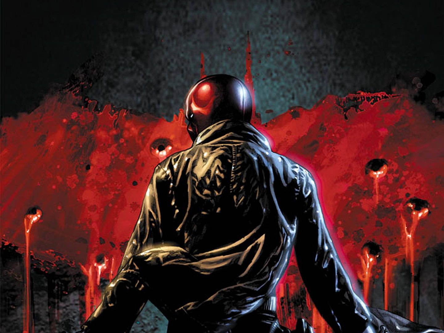 Red Hood, black suit, vivid red paint, HD Desktop Wallpaper