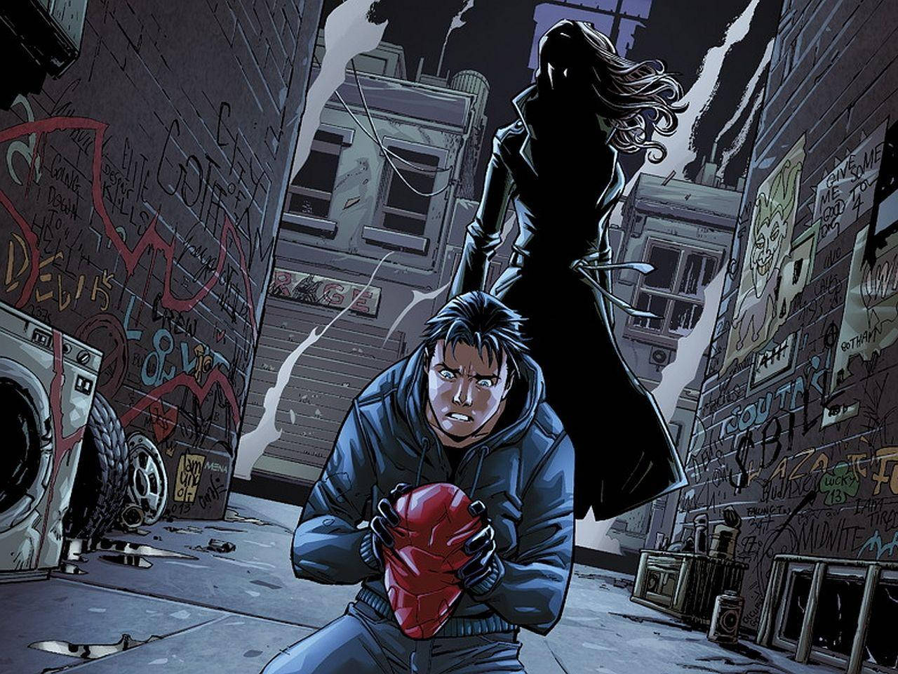 Red Hood, graffiti-covered alley, shadowy figure, HD Desktop Wallpaper