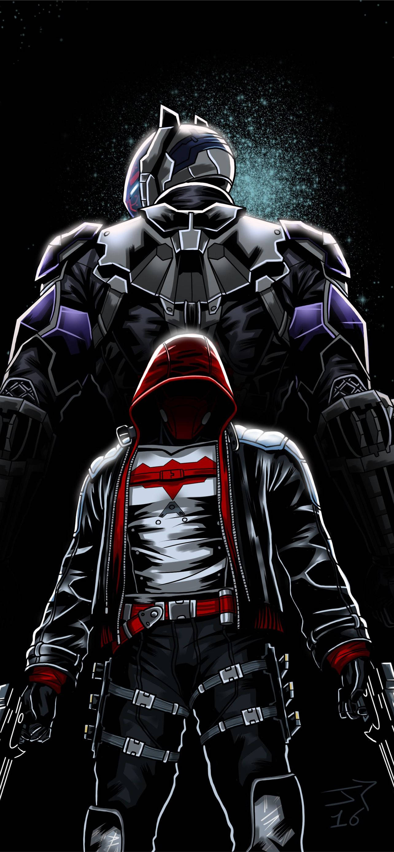 Hood, red hooded jacket, sleek silver helmeted armor, 2K Phone Wallpaper