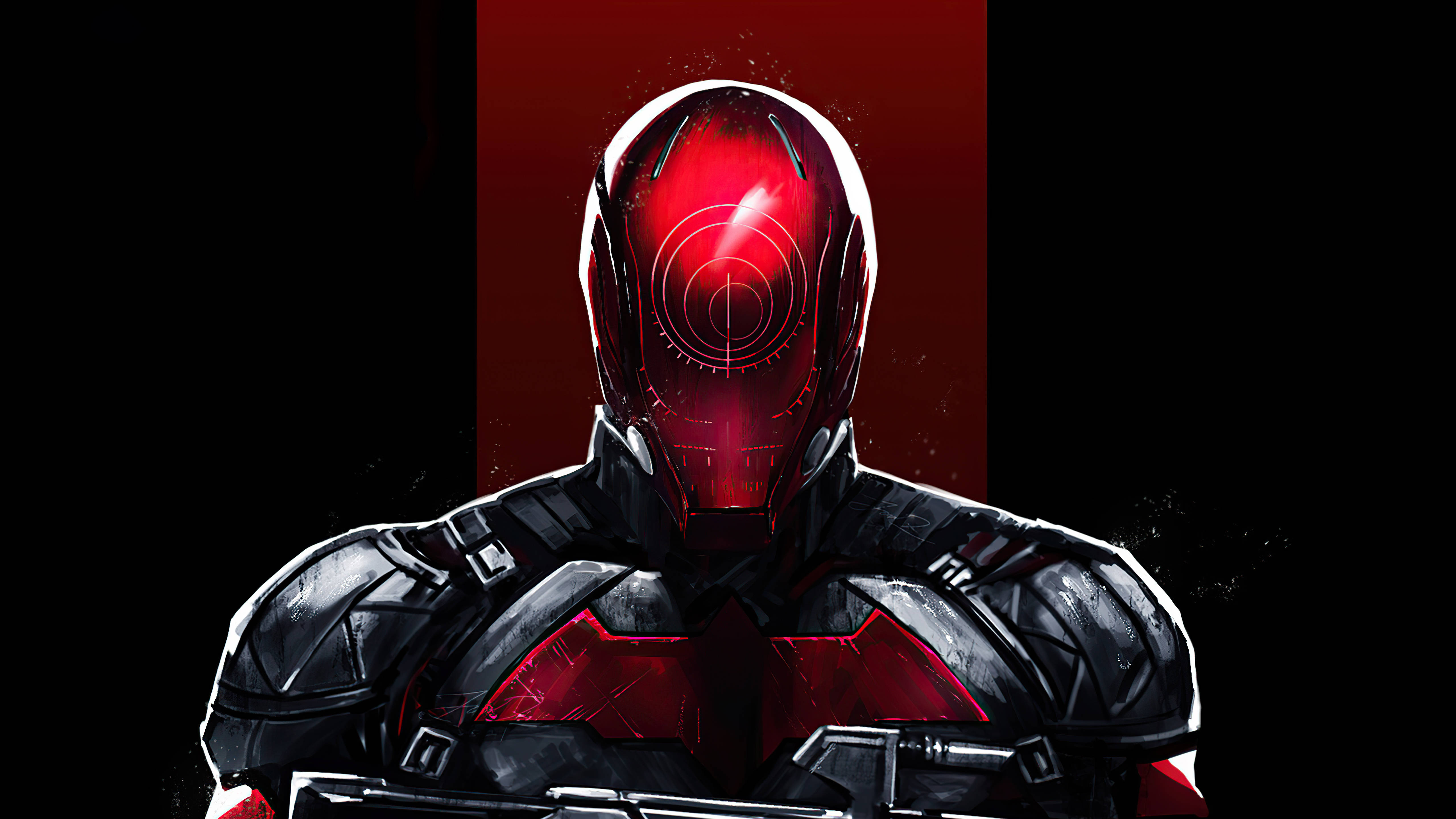 Red Hood, shiny helmet, glowing red visor, 5K Desktop Wallpaper