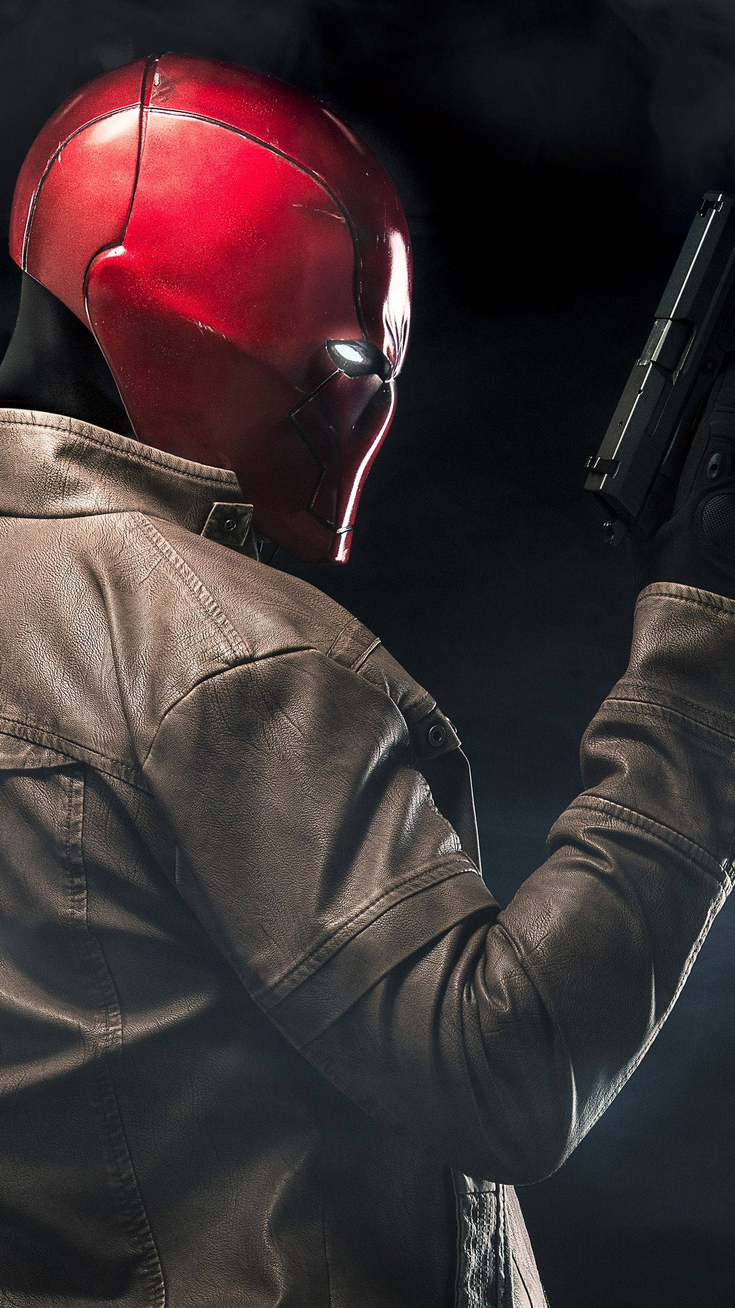 Hood, red helmet, leather jacket, 2K Phone Wallpaper
