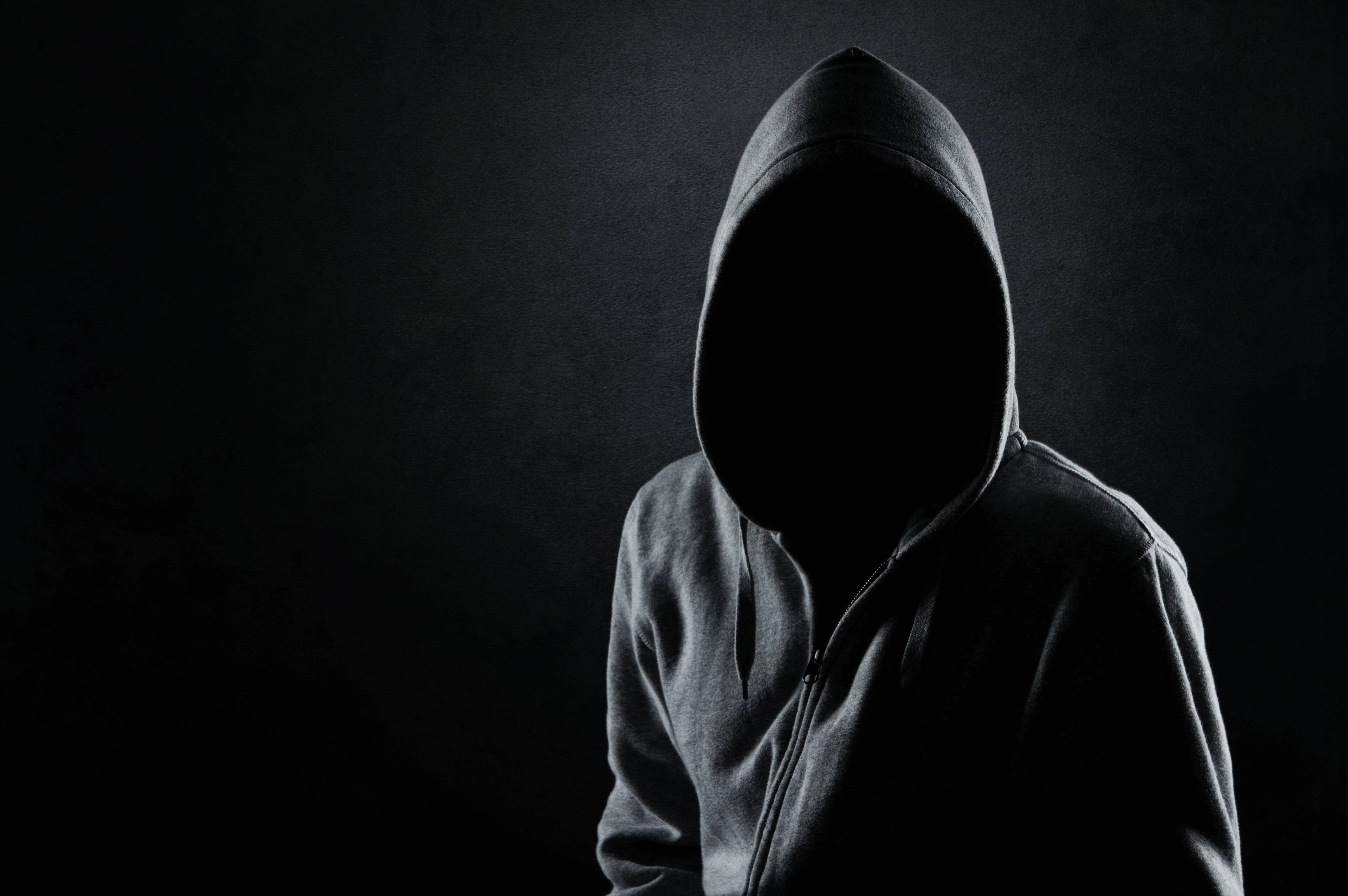 dark monochrome hoodie, hooded sweatshirt, shadowy figure, 5K Desktop Wallpaper