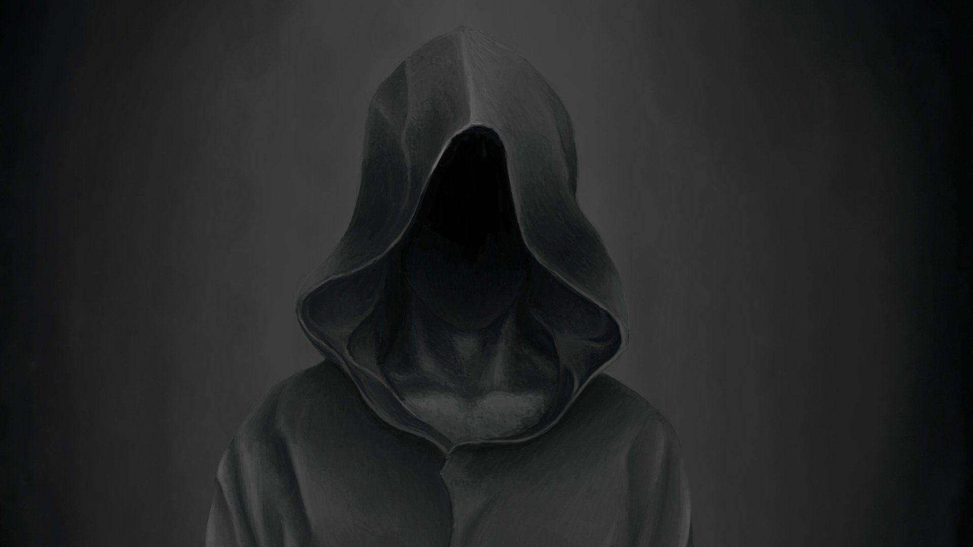 black and white hoodie, hooded figure, muted gray backdrop, Full HD Desktop Wallpaper