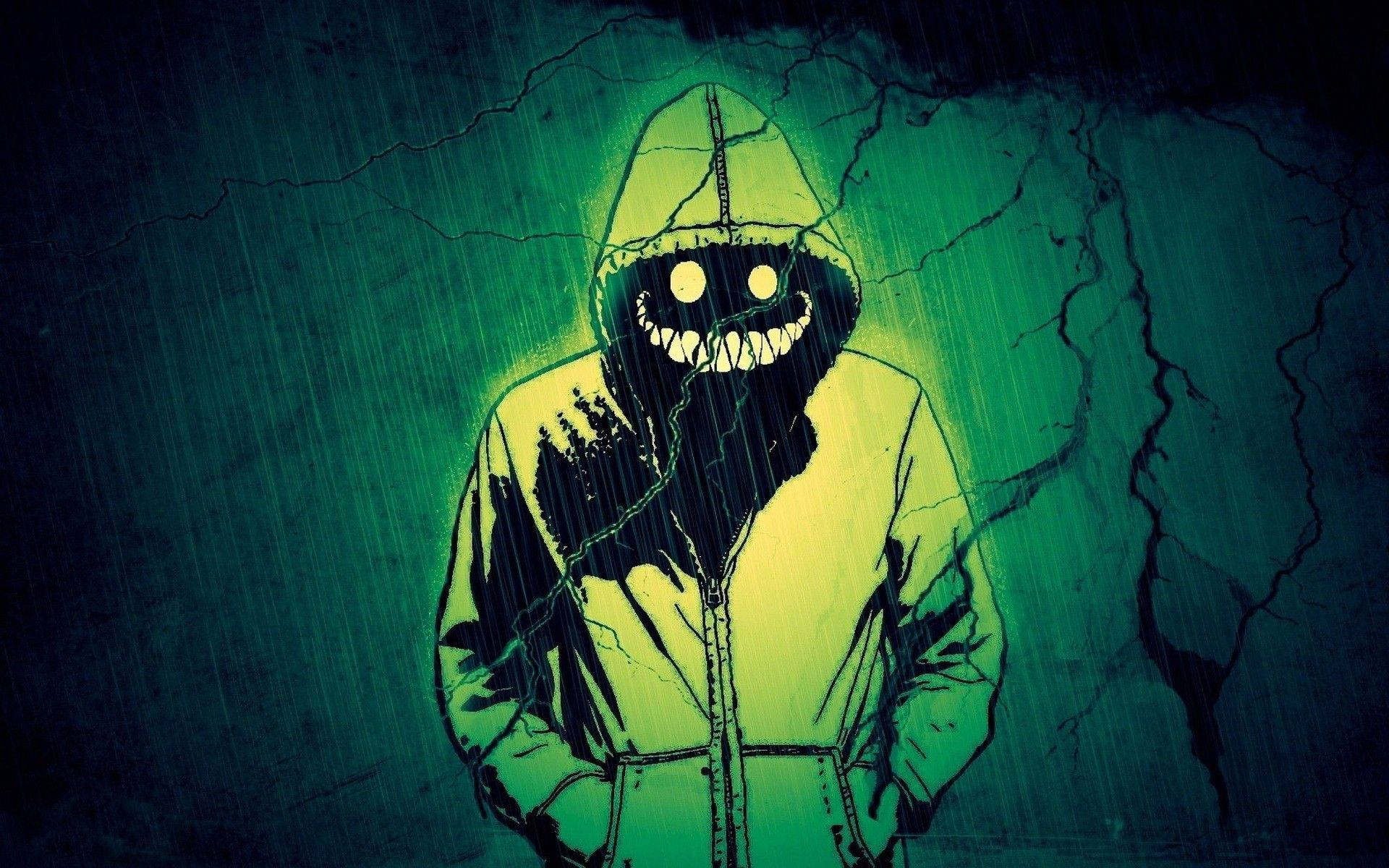 green hoodie, hooded figure, toothy grin, Full HD Desktop Wallpaper