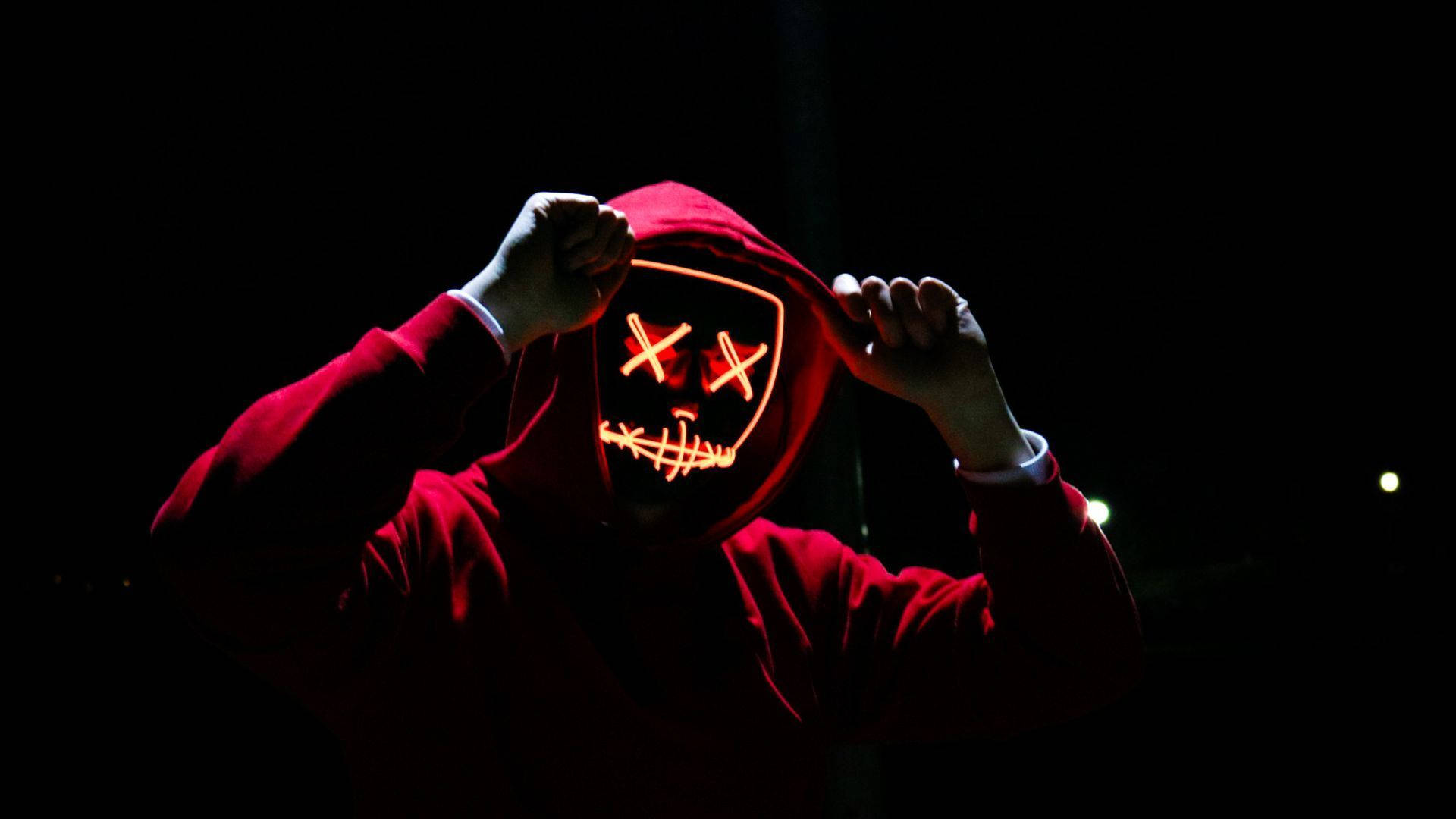 red hoodie, glowing LED mask, X eyes, Full HD Desktop Wallpaper