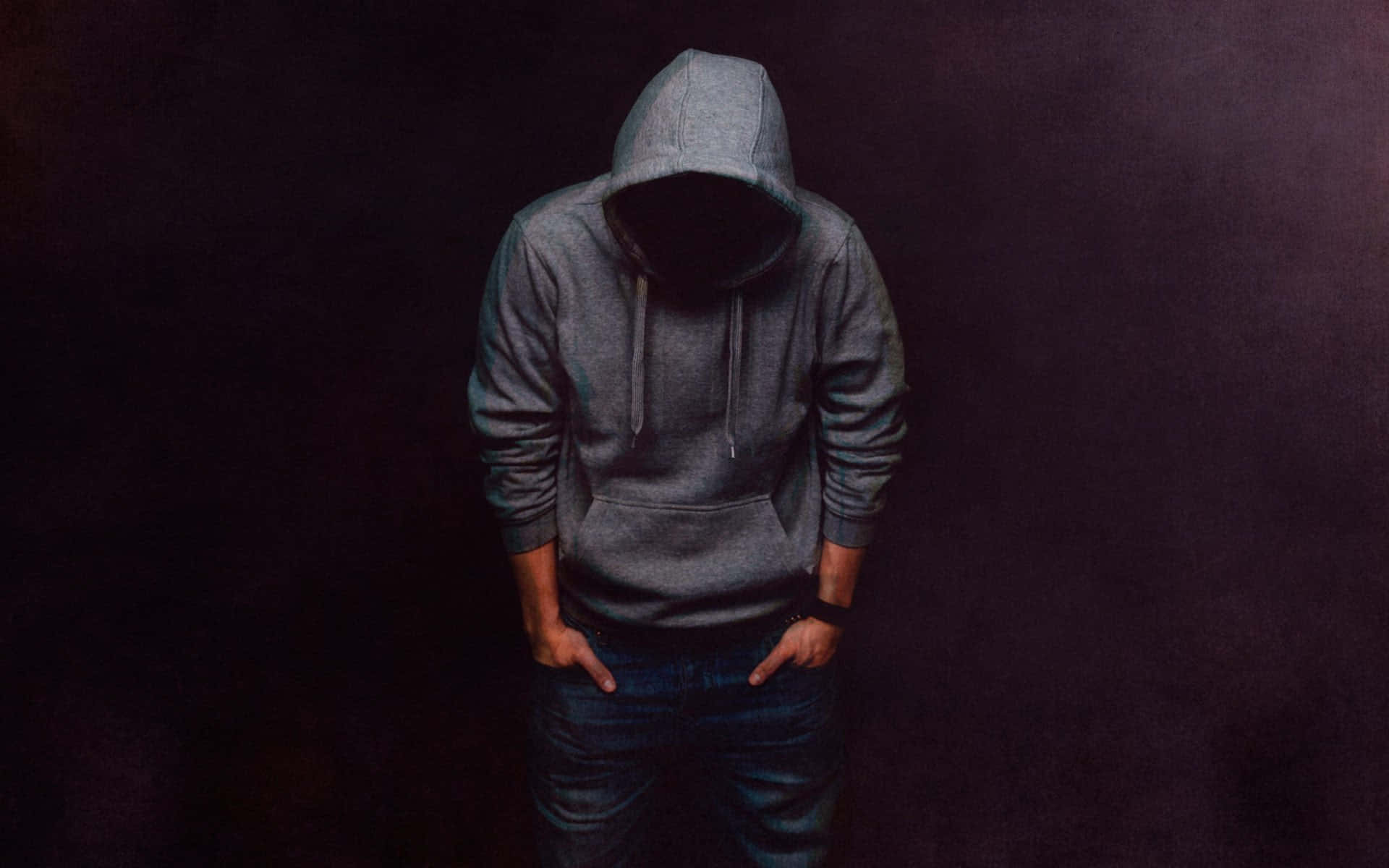 grey hoodie, dark purple background, hands in jeans pockets, Full HD Desktop Wallpaper