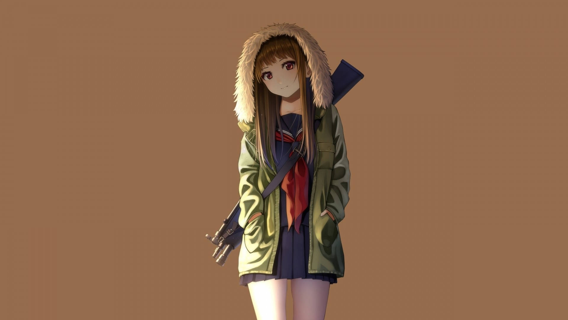 Anime girl, green hooded coat, fur trim, Full HD Desktop Wallpaper