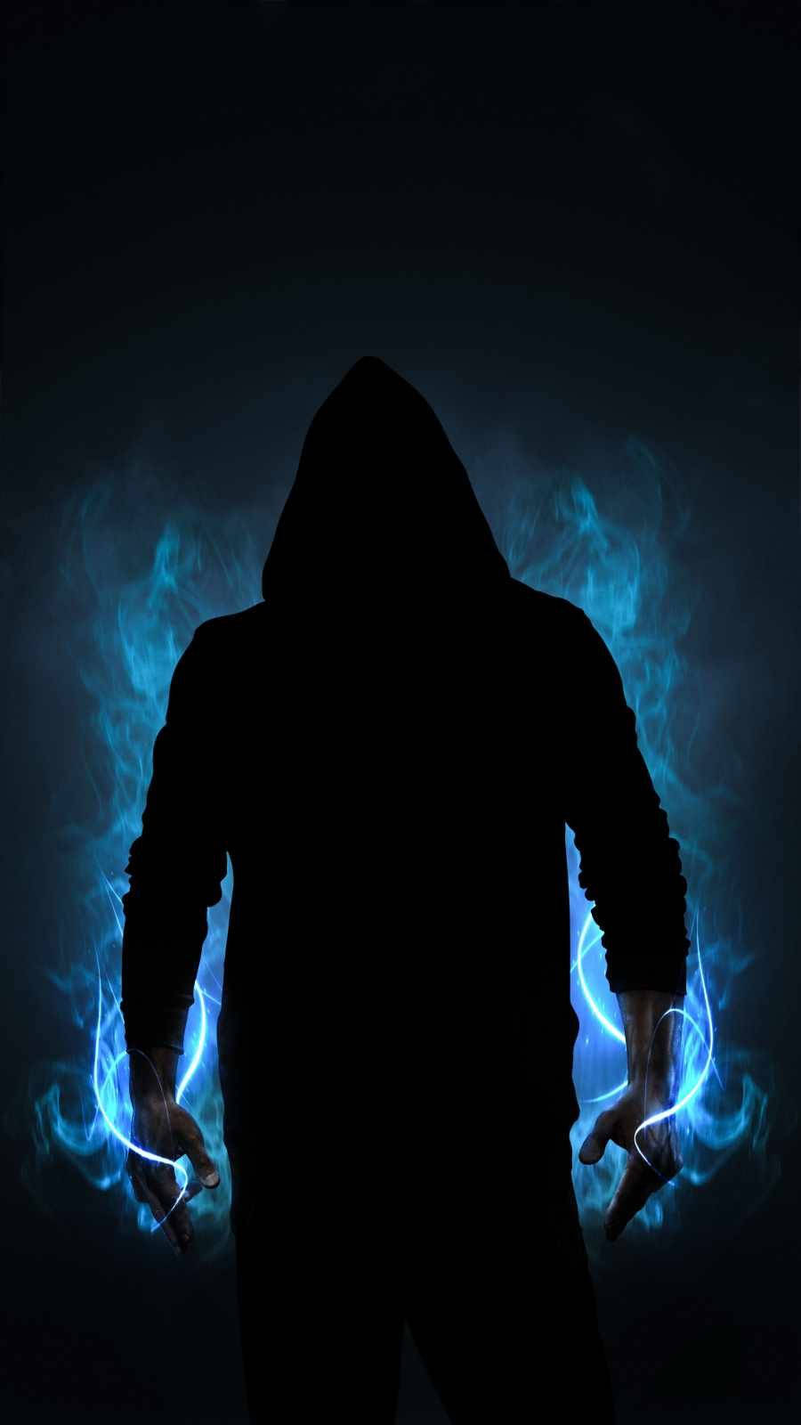 hooded figure, glowing blue energy, outstretched hands, HD Phone Wallpaper