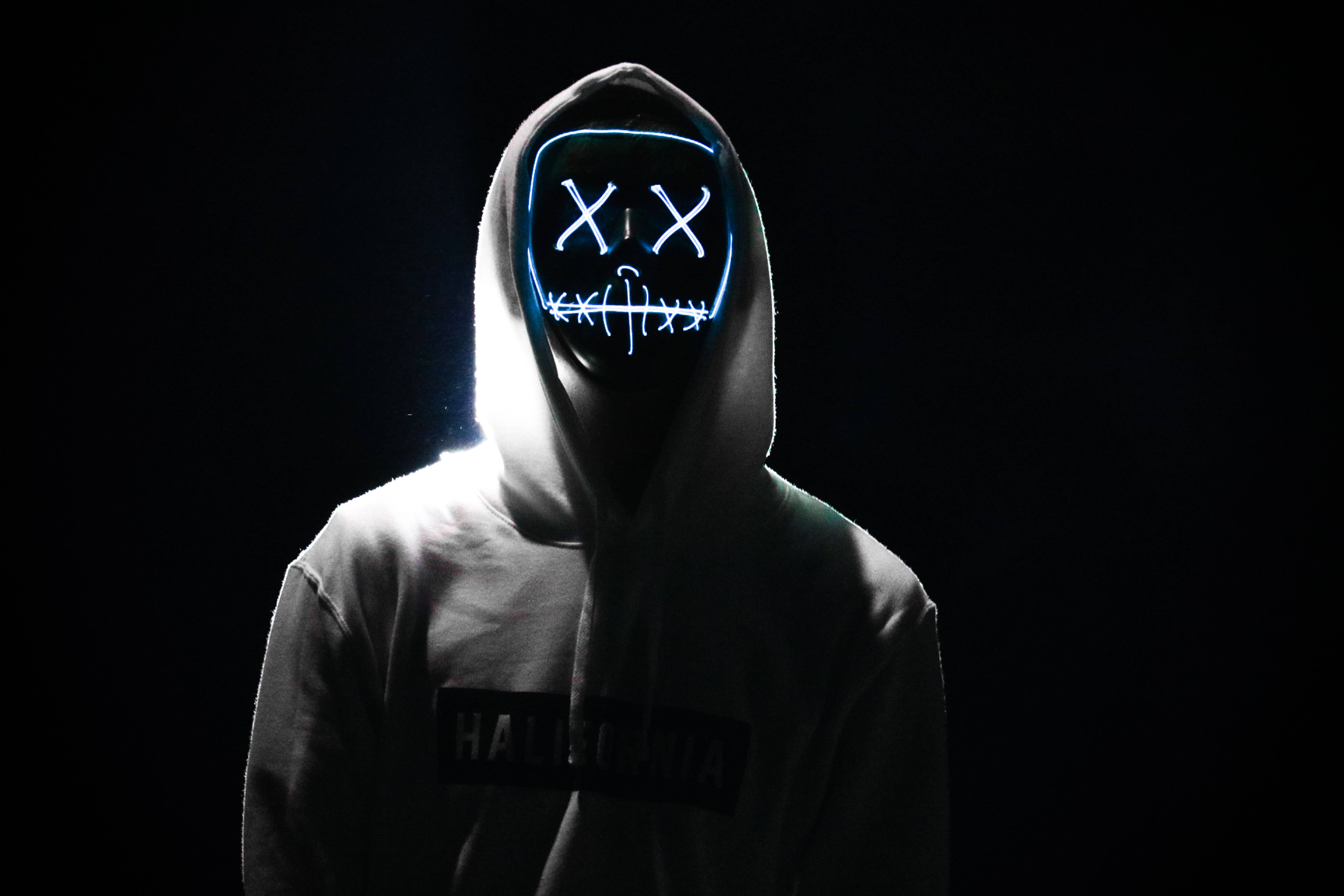 hoodie, glowing blue LED mask, X eyes, 5K Desktop Wallpaper