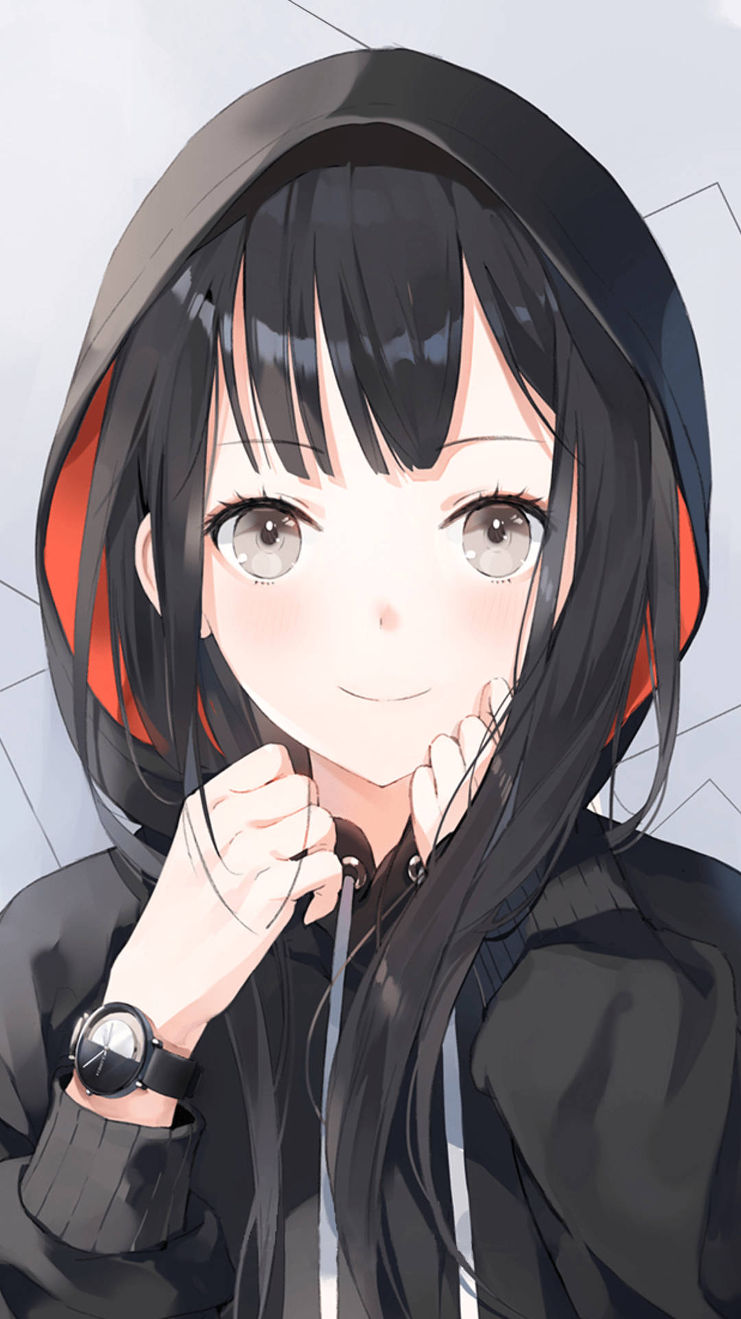 black-haired anime girl, black hoodie, geometric background, Full HD Phone Wallpaper