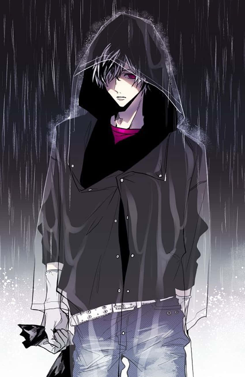 anime boy, hooded jacket, heavy rain, HD Phone Wallpaper