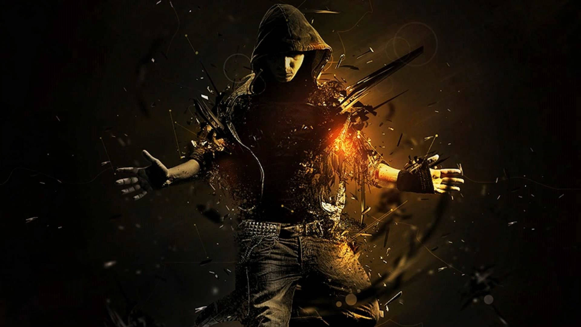 hooded figure, glowing fragments, dark background, Full HD Desktop Wallpaper