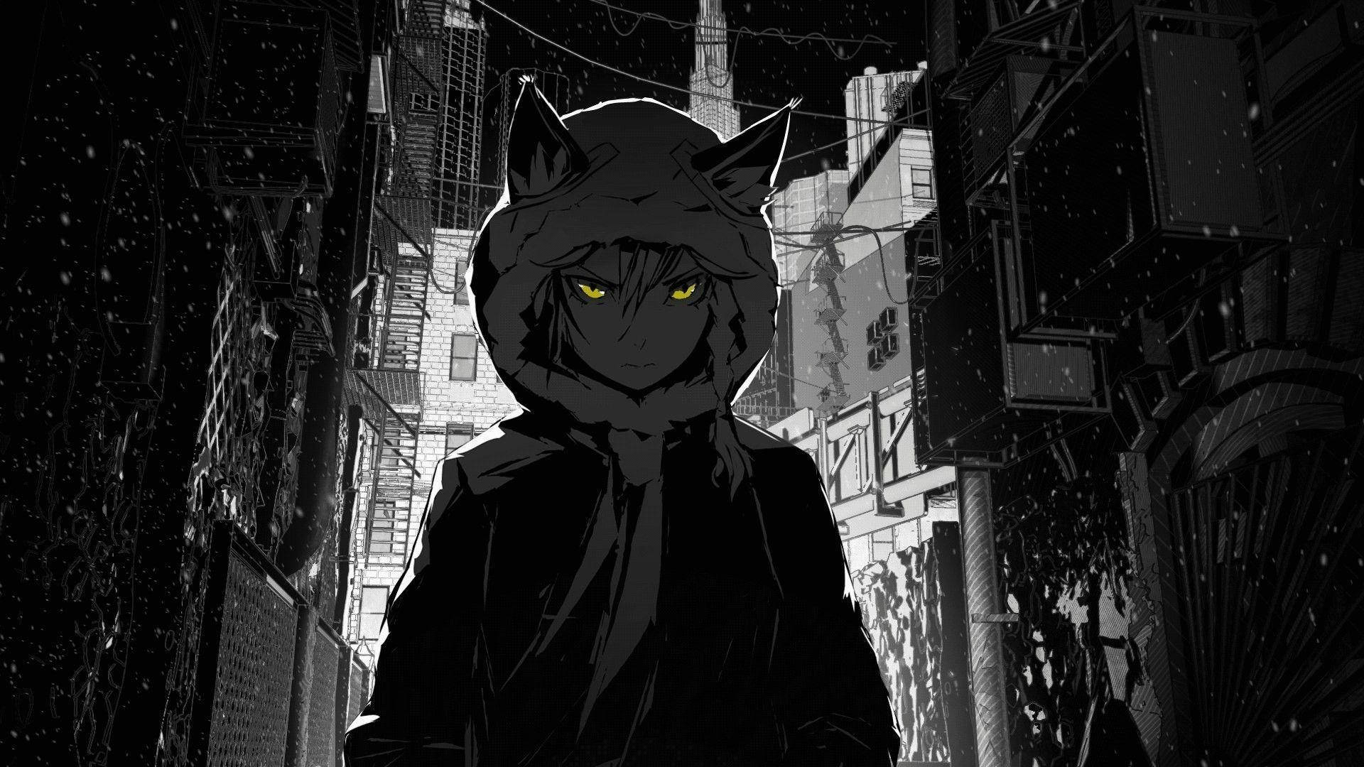 hooded cat girl, glowing yellow eyes, cat ears, Full HD Desktop Wallpaper