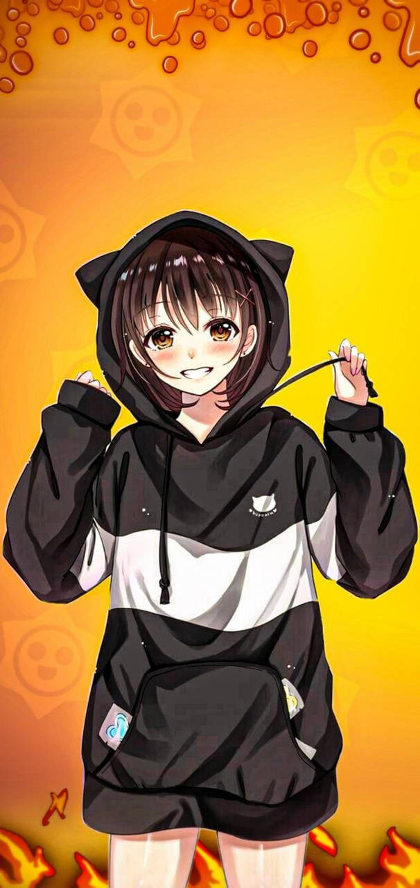 anime girl, black cat-ear hoodie, fiery orange background, HD Phone Wallpaper