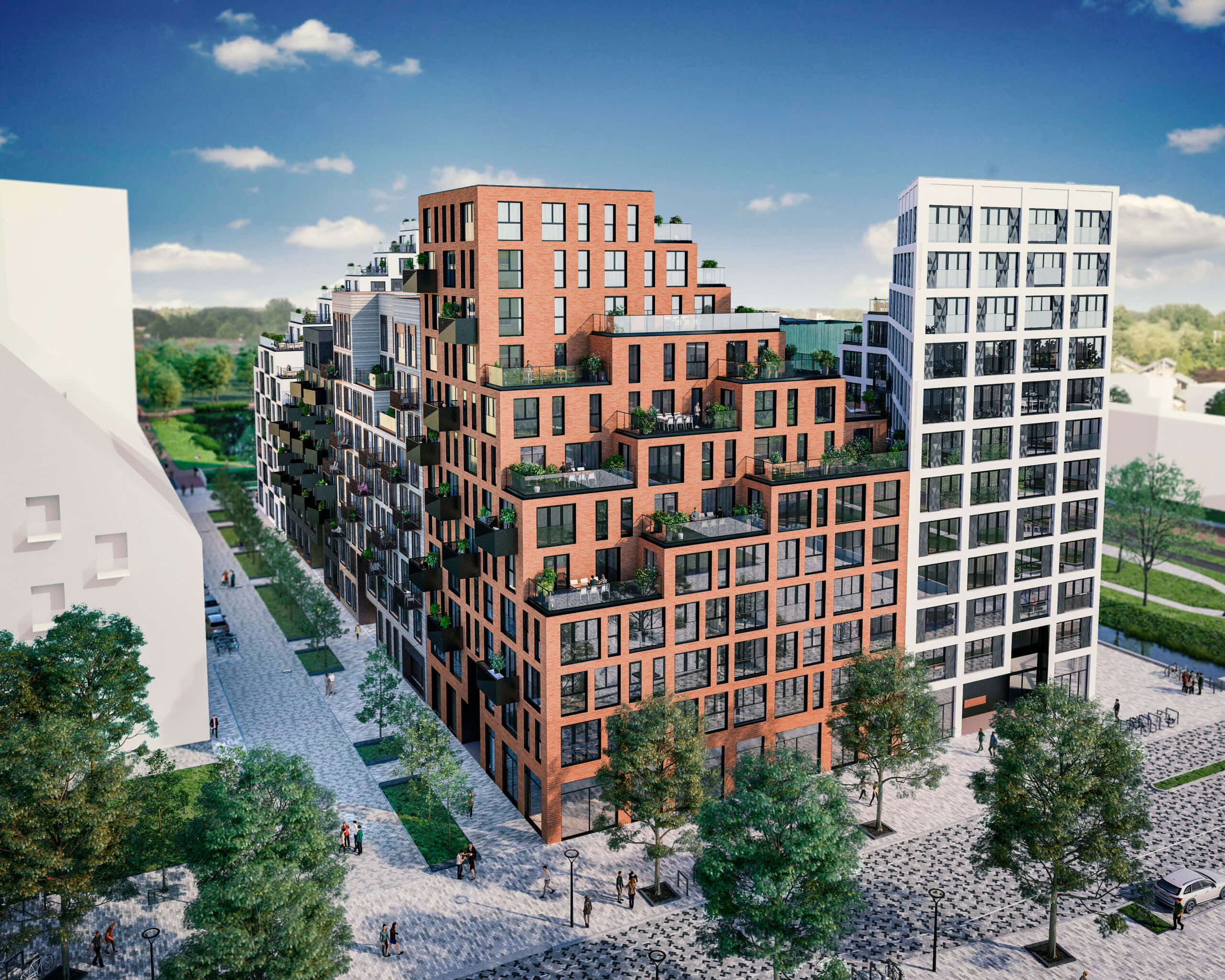 Hoofddorp, modern apartment complex, rooftop gardens, 2K Desktop Wallpaper