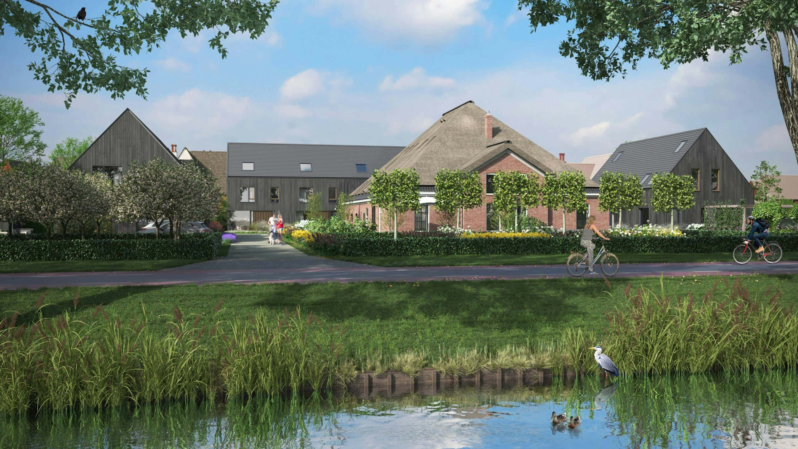 Hoofddorp, residential area, thatched roofs, 2K Desktop Wallpaper