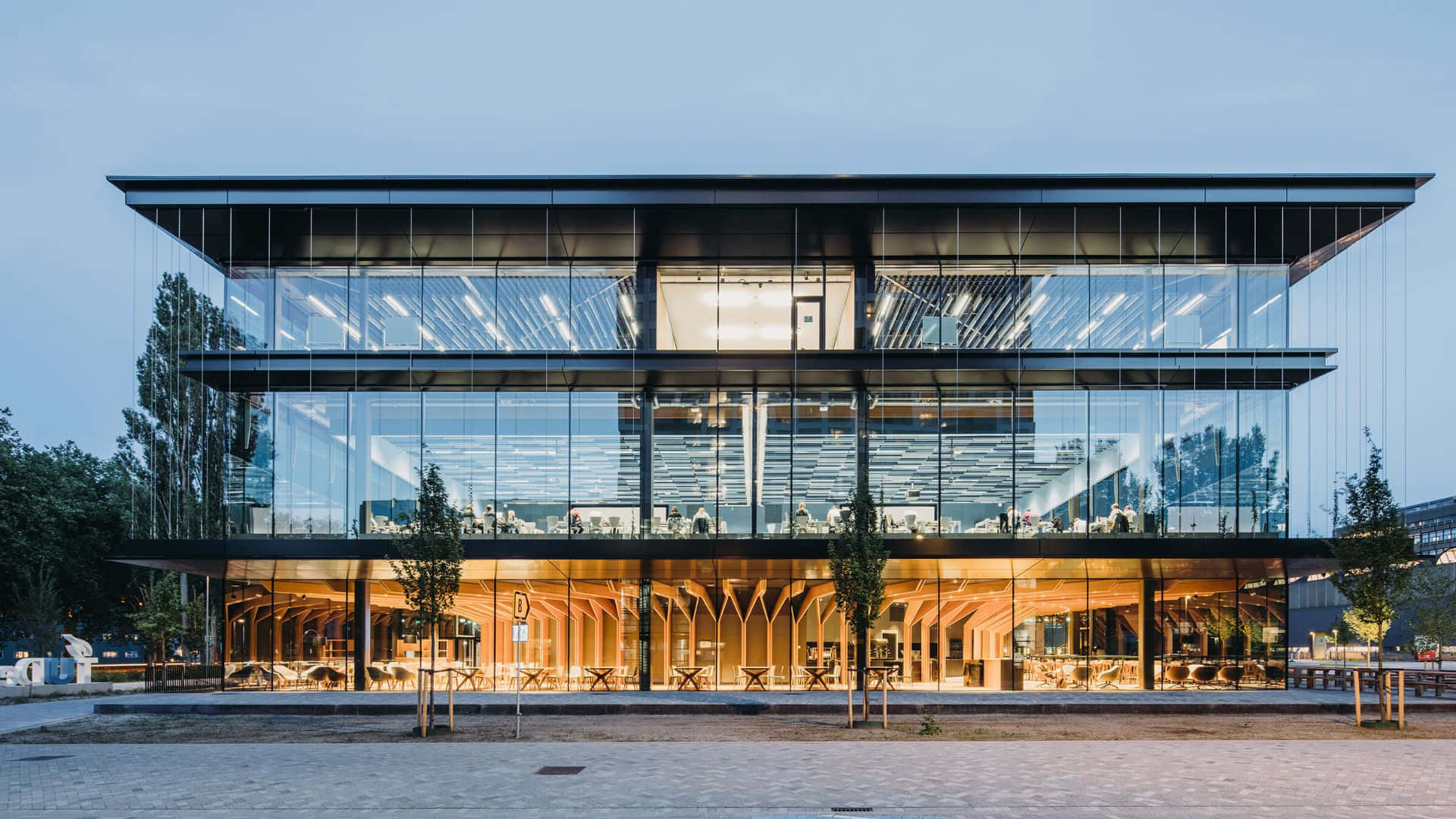 modern glass building, Hoofddorp, warm interior lights, Full HD Desktop Wallpaper