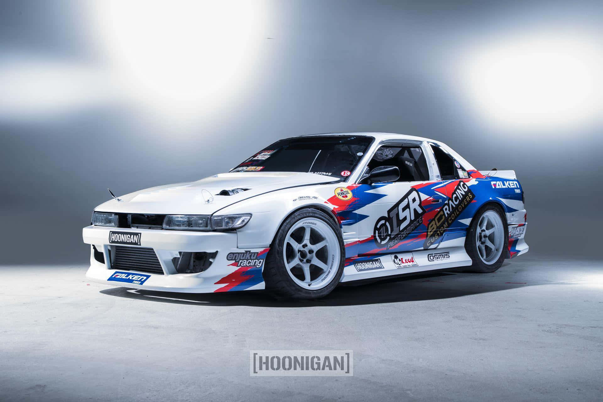 Hoonigan, white drift car, bold red blue and black graphics, Full HD Desktop Wallpaper