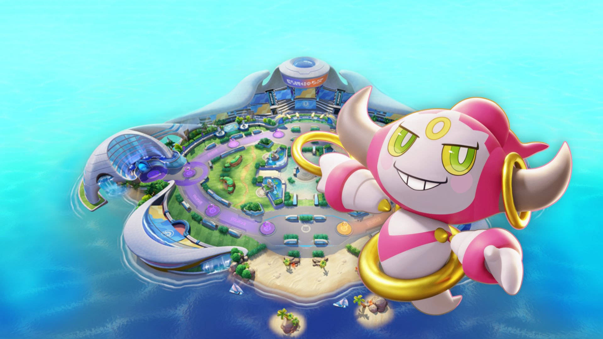 Hoopa, pink cartoon character, horns, Full HD Desktop Wallpaper