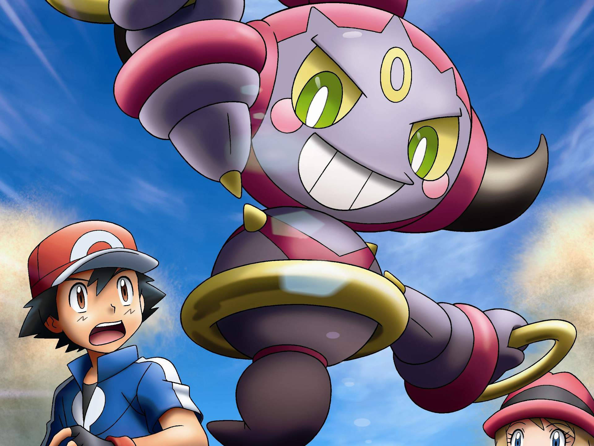 Hoopa, purple and pink Pokémon, green eyes, Full HD Desktop Wallpaper