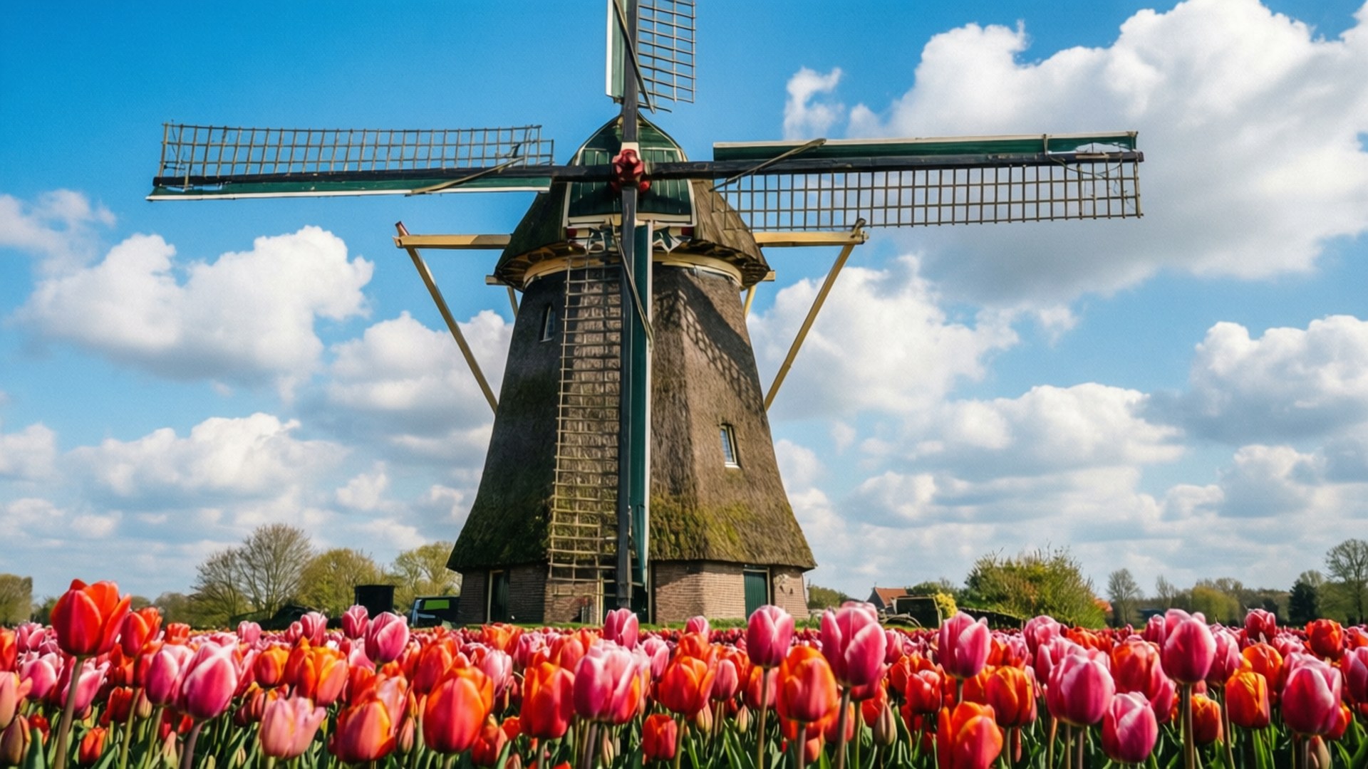 windmill, tulip fields, Dutch scene, Full HD Desktop Wallpaper