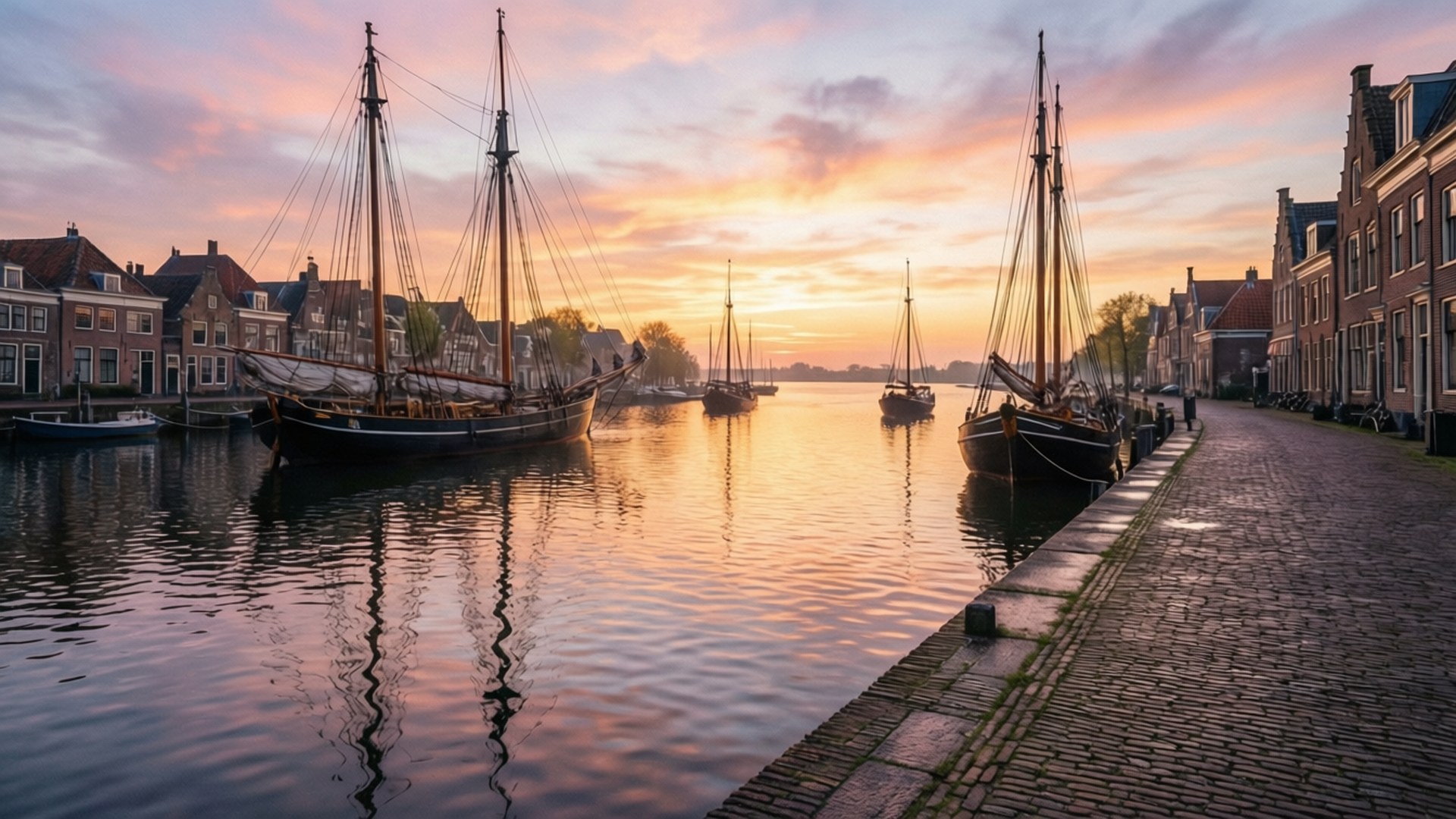 Sunrise Harbor Serenity, Hoorn, historic harbor, Full HD Desktop Wallpaper