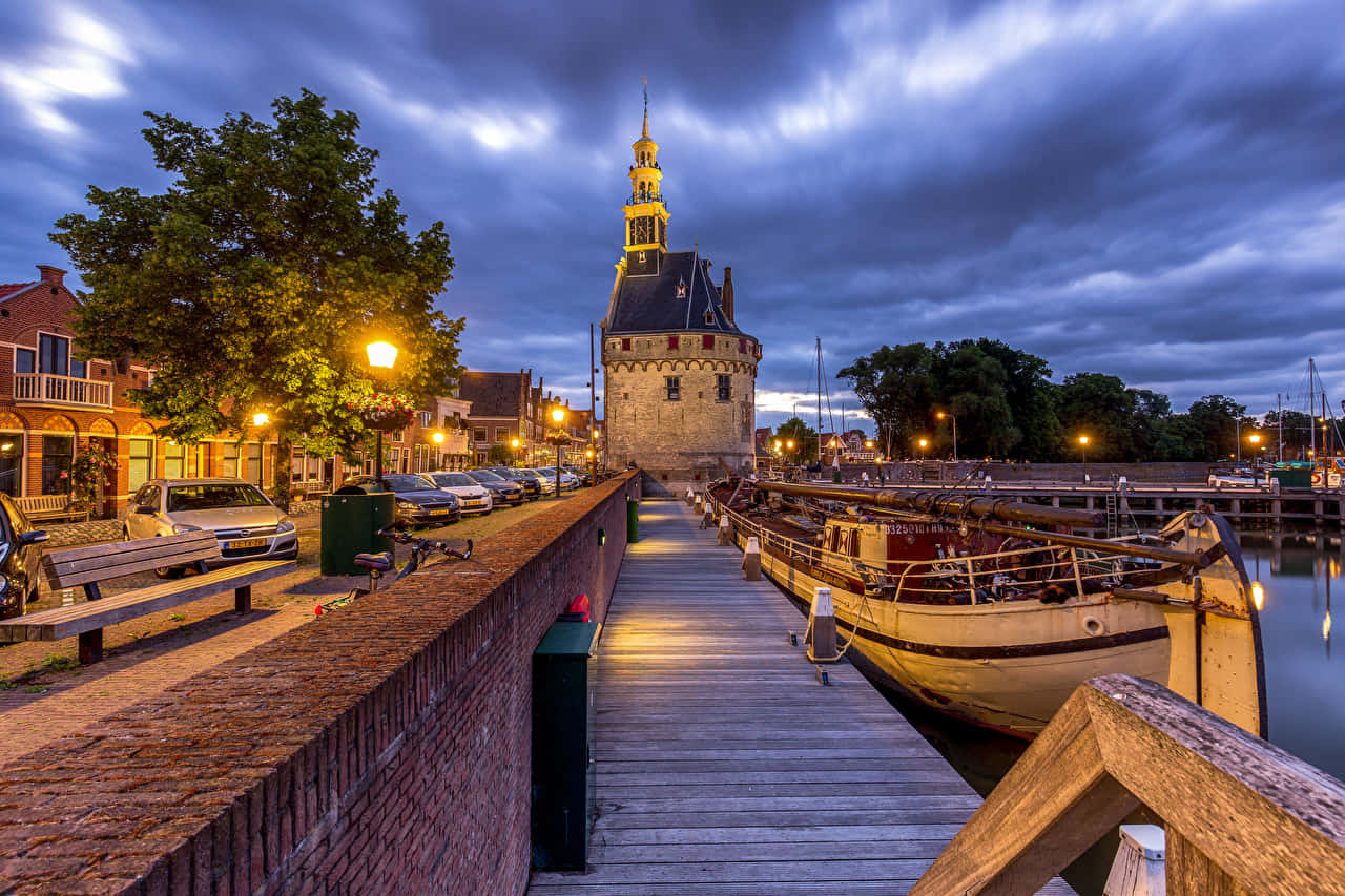 Hoorn, harbor, twilight, HD Desktop Wallpaper