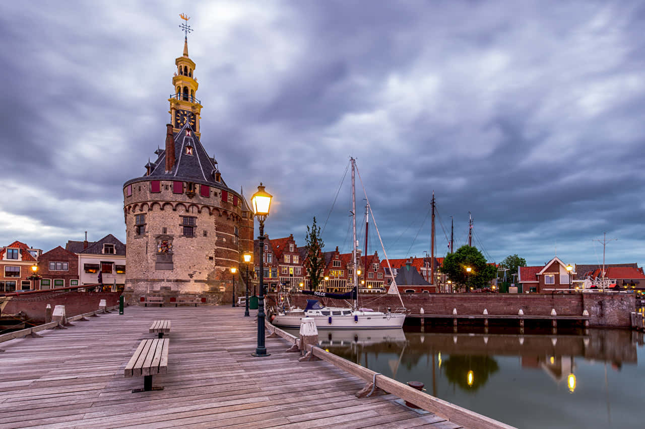 Hoorn, harbor, twilight, HD Desktop Wallpaper