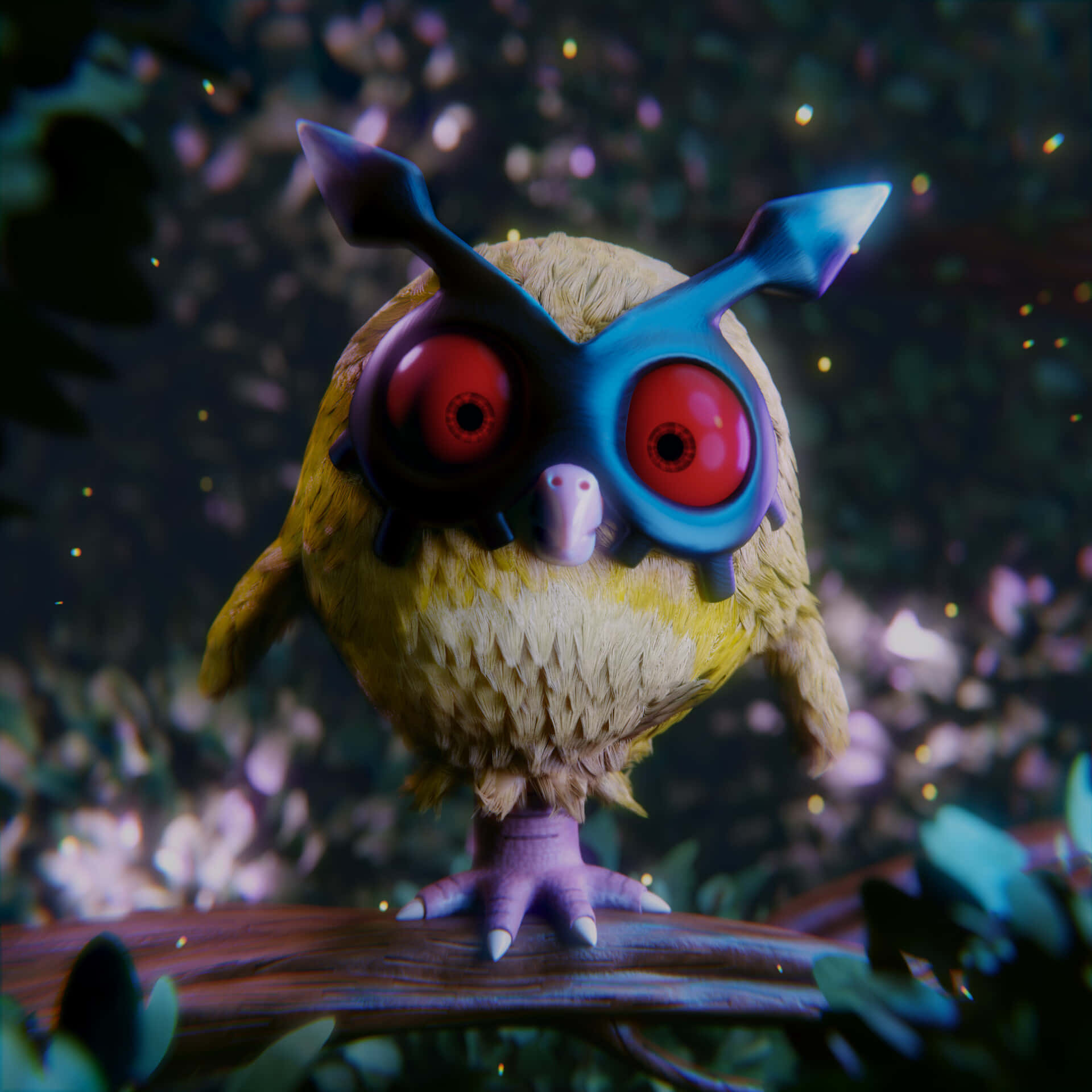 Hoothoot, yellow owl, glowing red eyes, Full HD Desktop Wallpaper