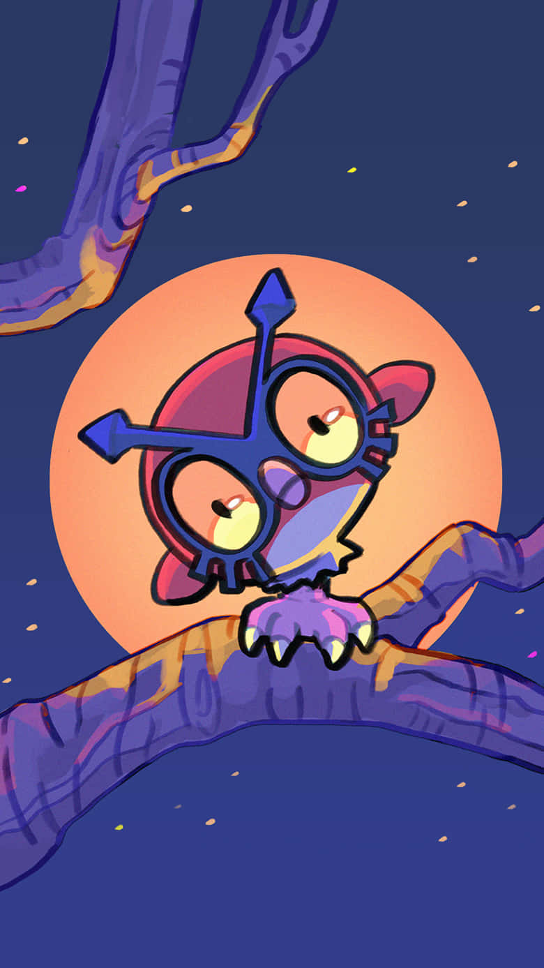 Hoothoot, 2D cartoon, glowing orange moon, HD Phone Wallpaper