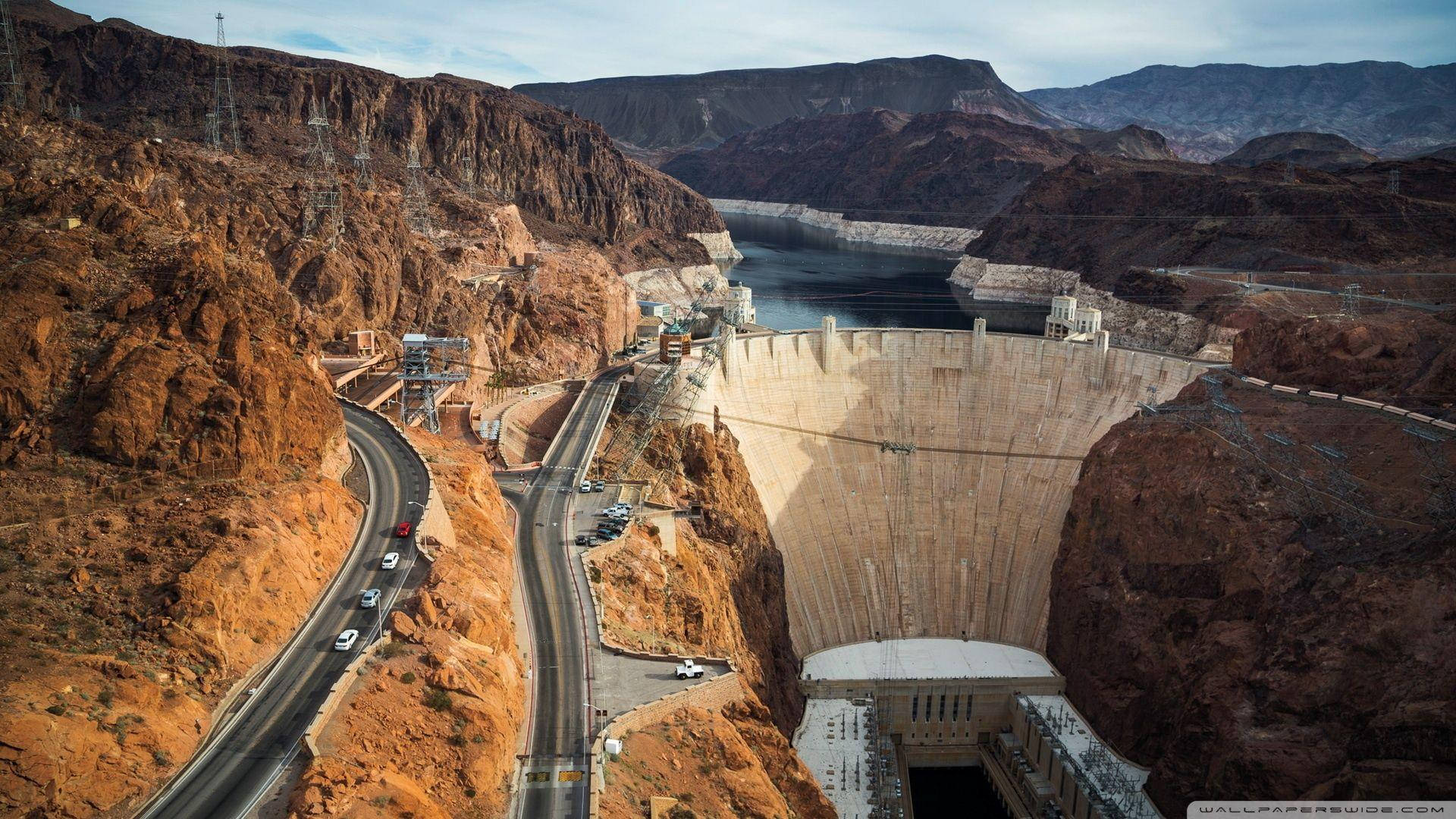 Hoover Dam, rugged red rock canyons, winding road, Full HD Desktop Wallpaper