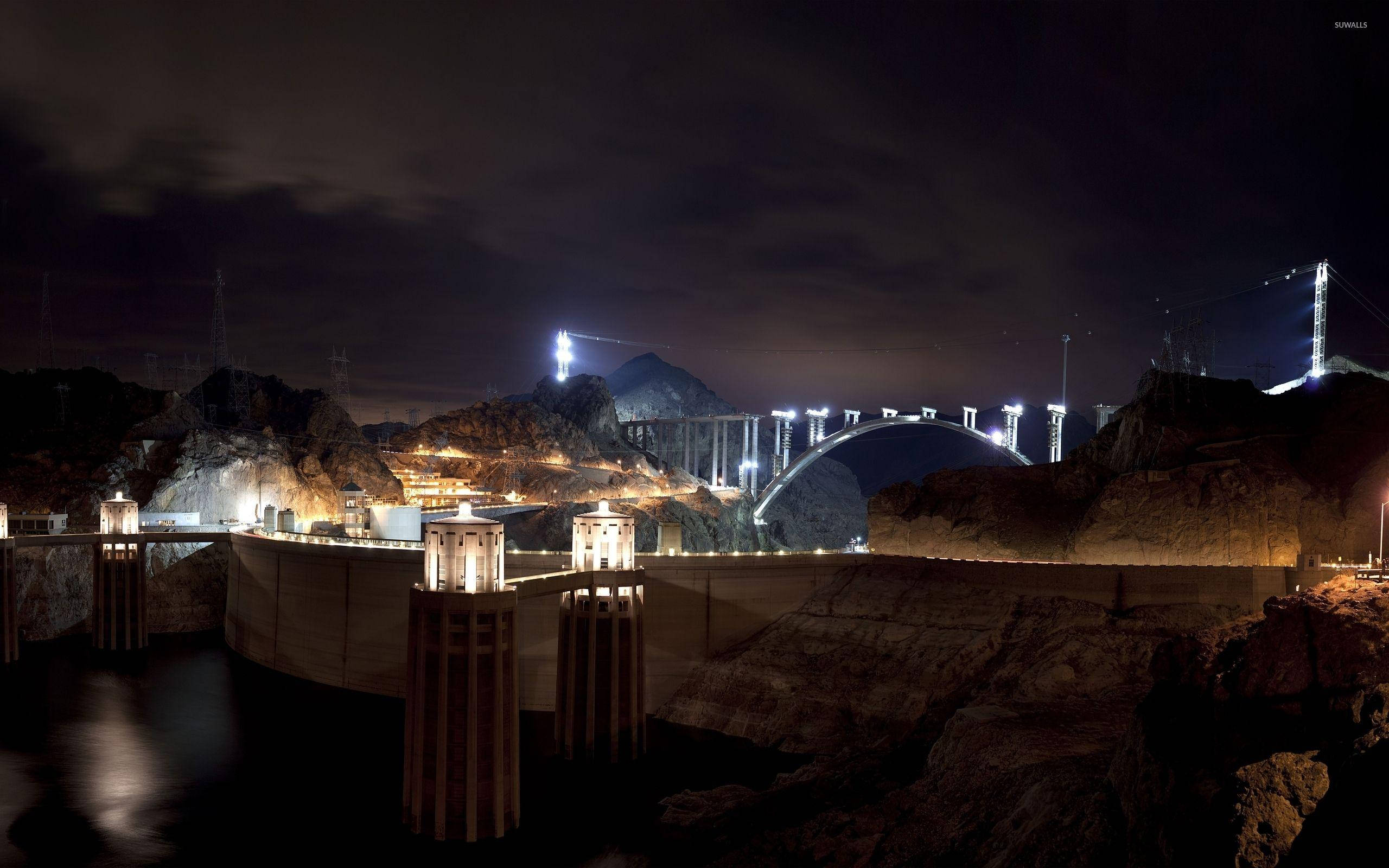 Hoover Dam, Night, Illuminated dam, 2K Desktop Wallpaper