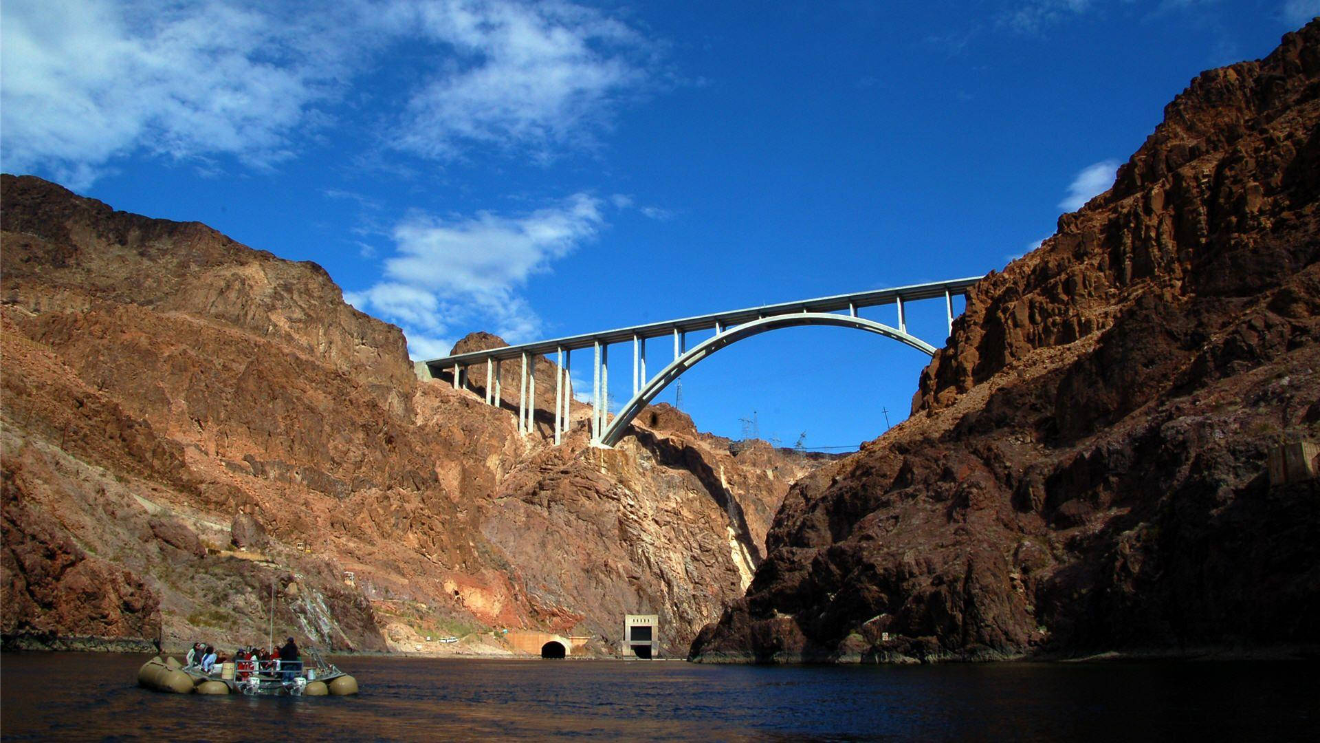 Hoover Dam, arced bridge, deep canyon, Full HD Desktop Wallpaper