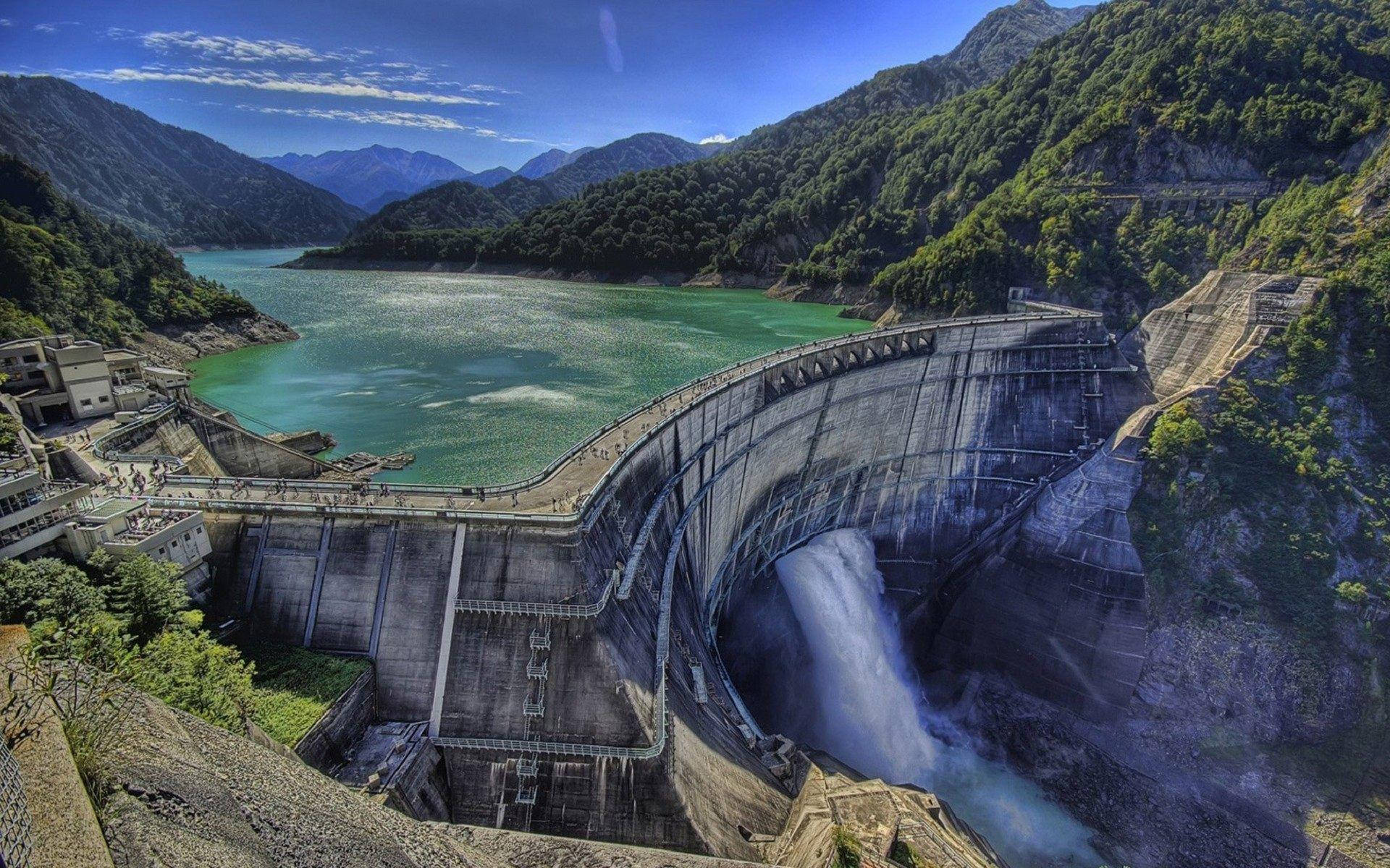 Hoover Dam, turquoise reservoir, lush green mountains, Full HD Desktop Wallpaper
