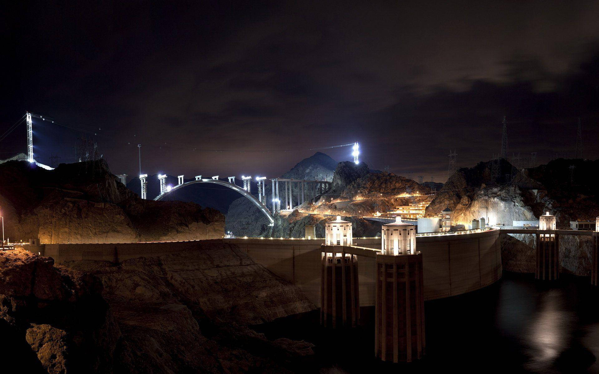 Hoover Dam, night, illuminated, Full HD Desktop Wallpaper
