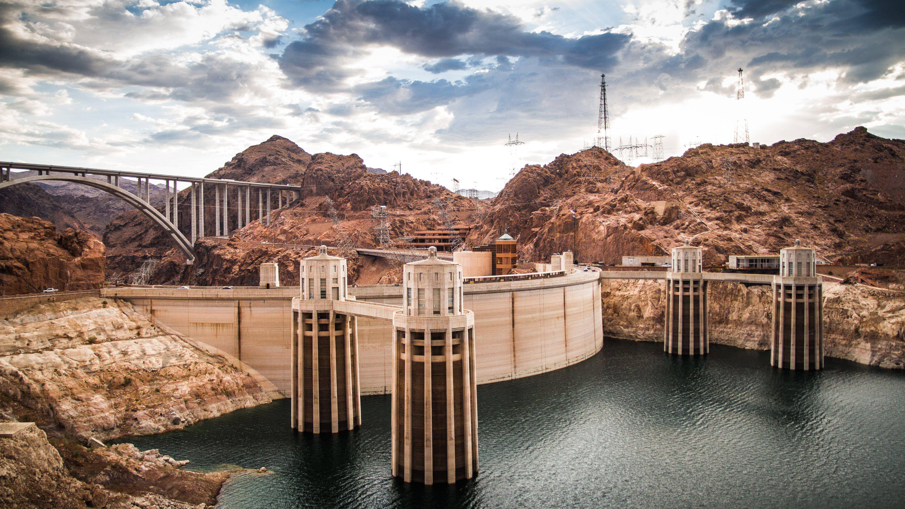 Hoover Dam, cloudy sky, concrete dam, 4K Desktop Wallpaper