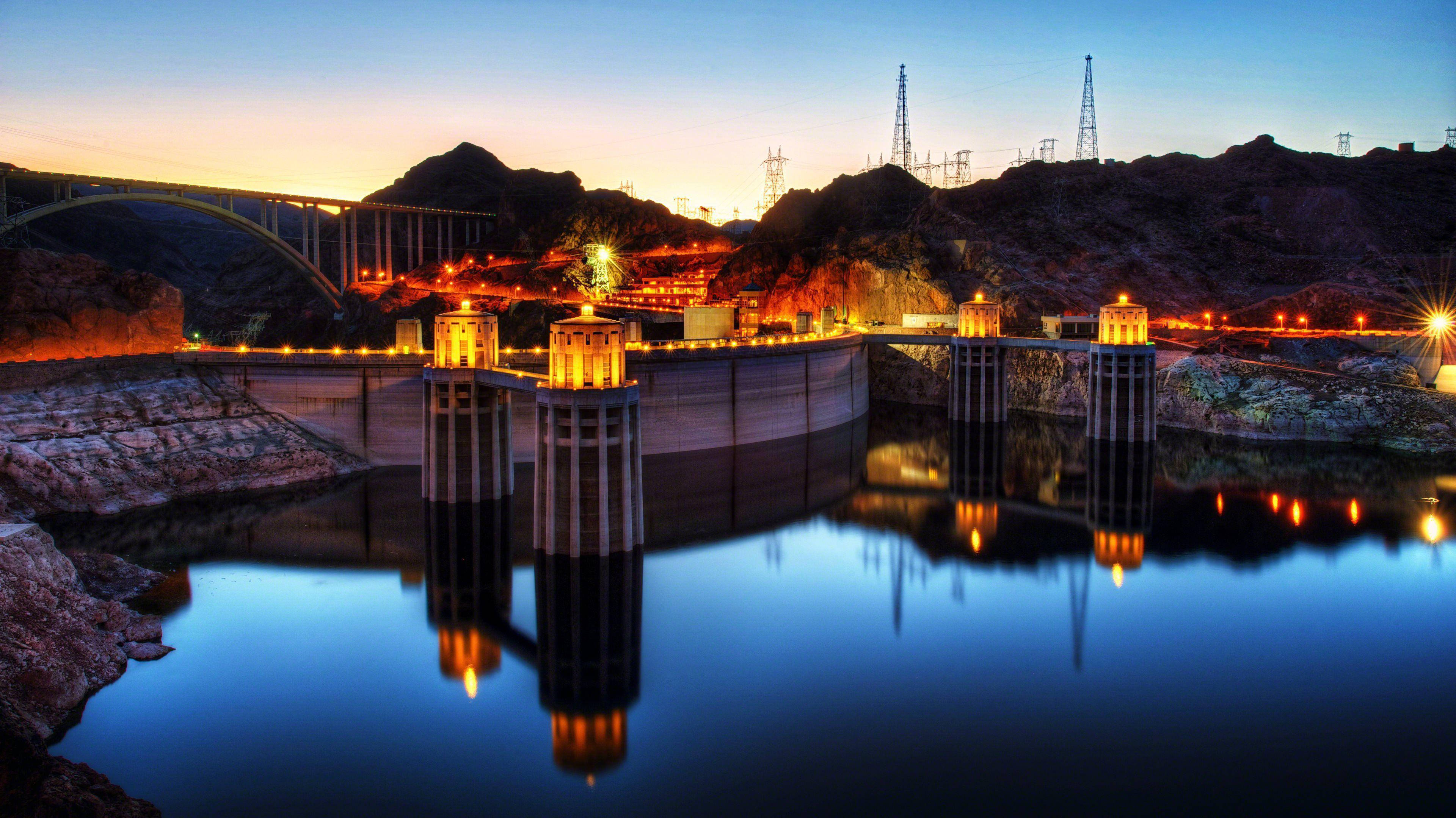 Hoover Dam, dusk, glowing lights, 4K Desktop Wallpaper