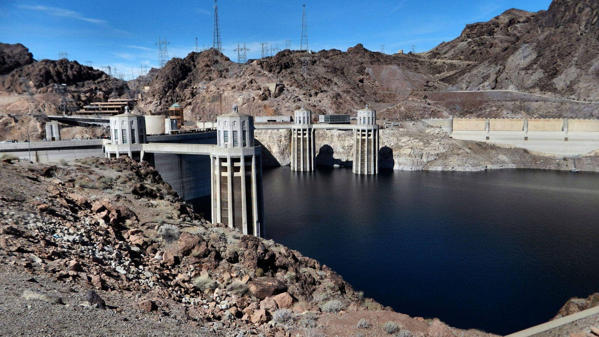 Hoover Dam, rocky terrain, deep blue water, Full HD Desktop Wallpaper