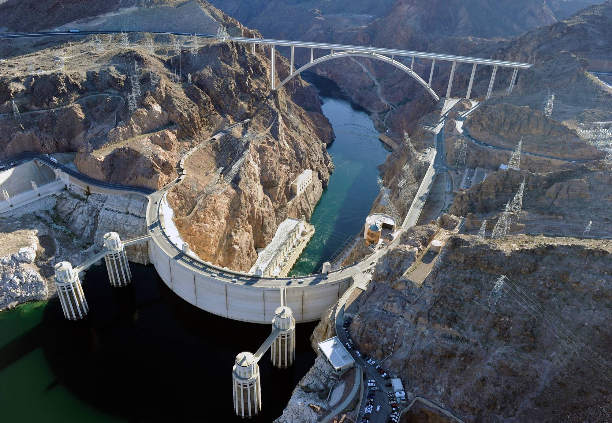 Hoover Dam, turquoise water, arched bridge, Full HD Desktop Wallpaper