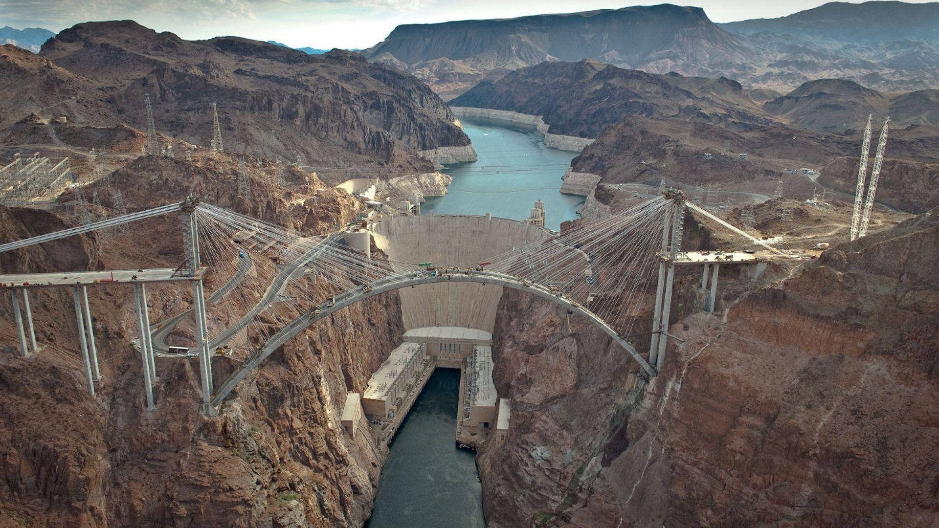 Hoover Dam, turquoise water, rugged brown cliffs, Full HD Desktop Wallpaper