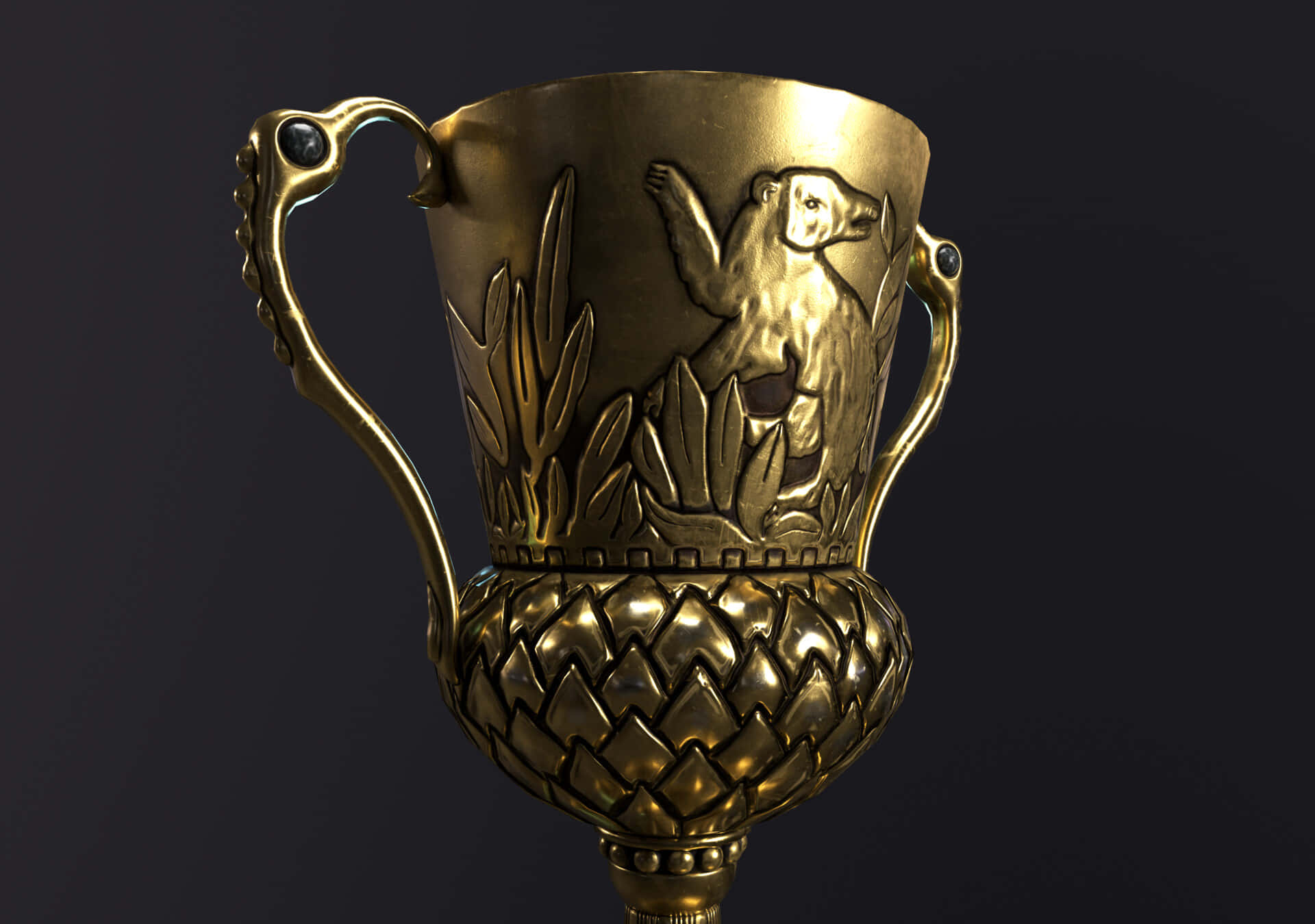 Horcrux, golden trophy cup, bear and leaf engravings, Full HD Desktop Wallpaper