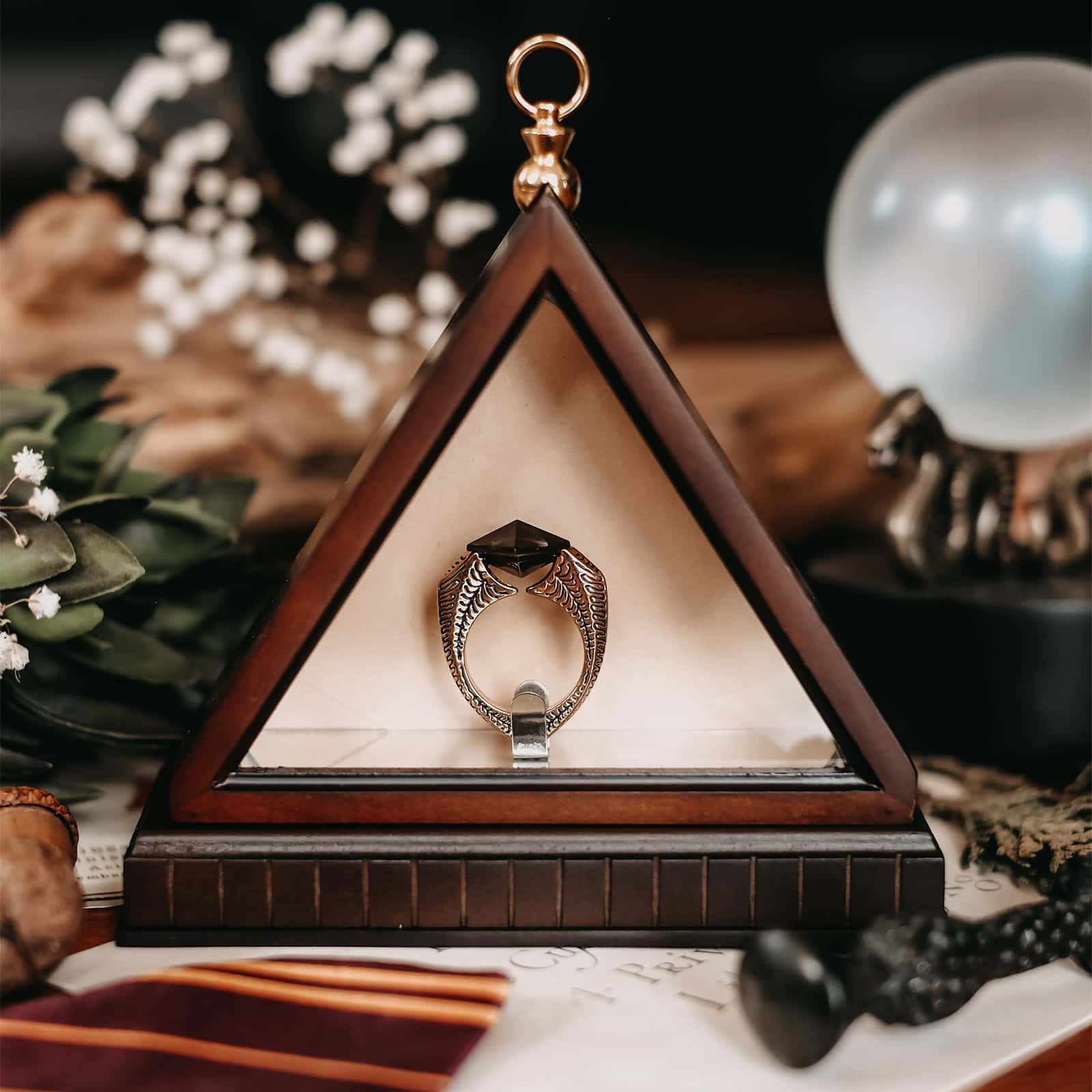 triangular display case, silver ring, winged design, HD Desktop Wallpaper