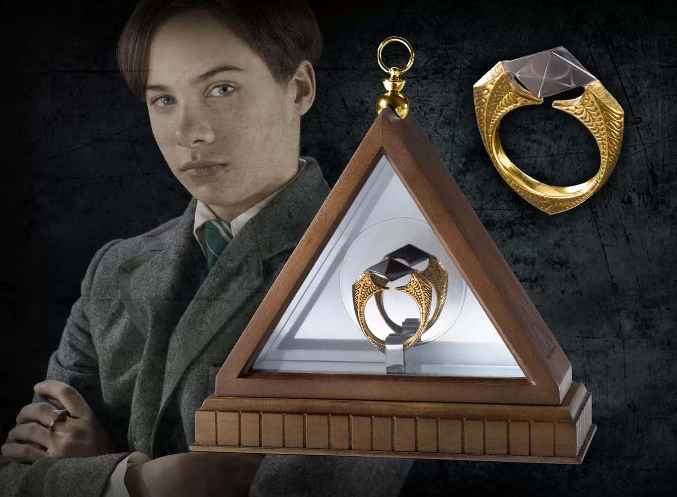 young wizard, golden ring with a black stone, wooden triangular display case, HD Desktop Wallpaper