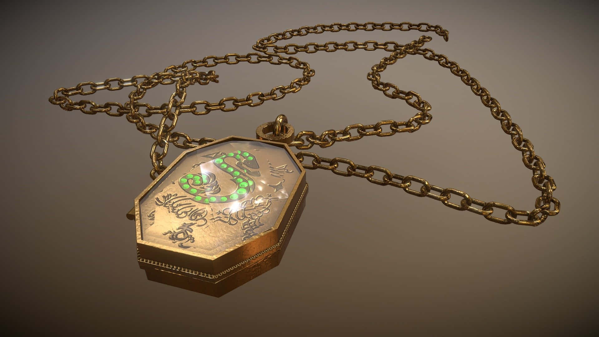 Horcrux, gold locket, glowing green serpent, Full HD Desktop Wallpaper