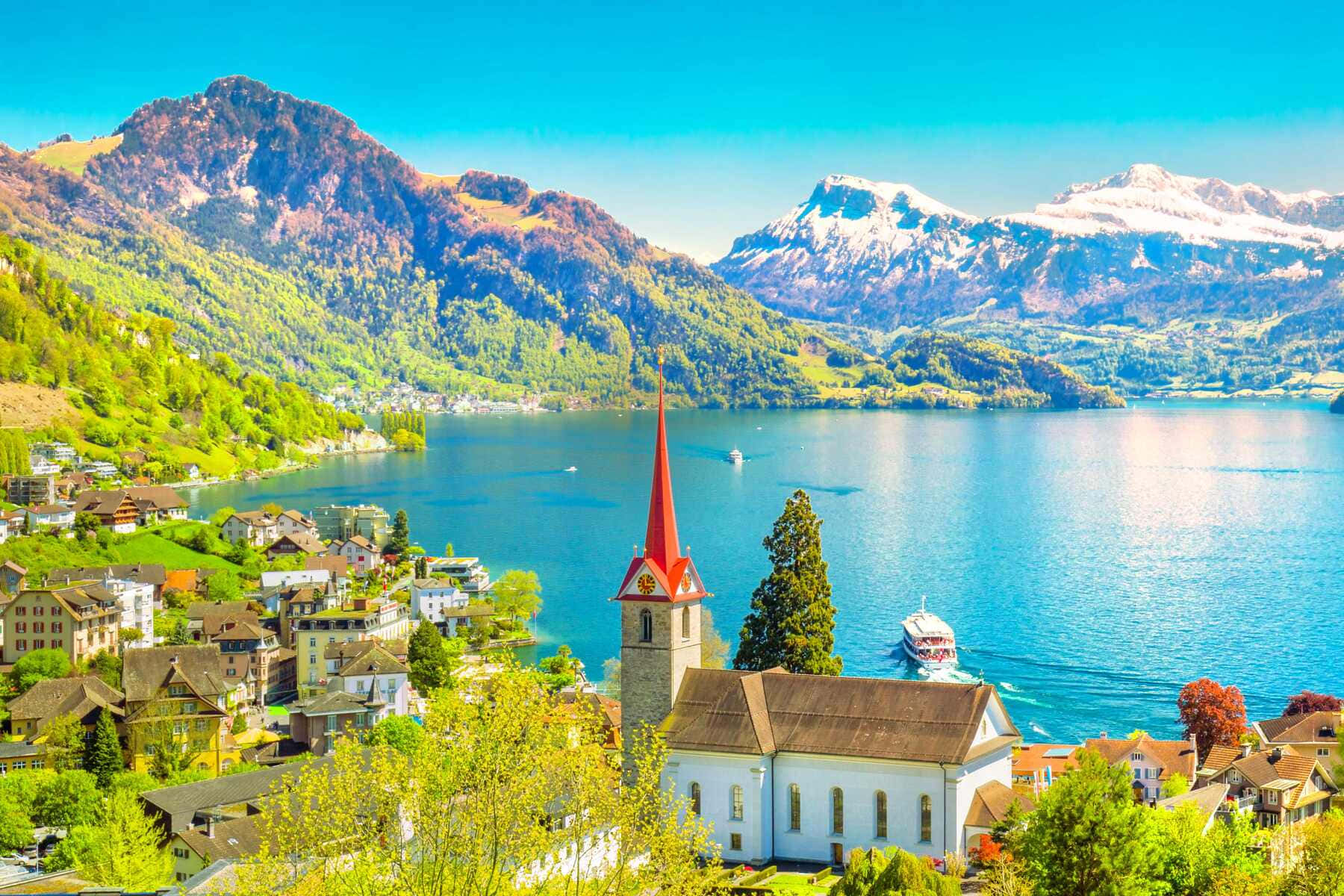 Horgen Switzerland, red-roofed church, green hills, HD Desktop Wallpaper