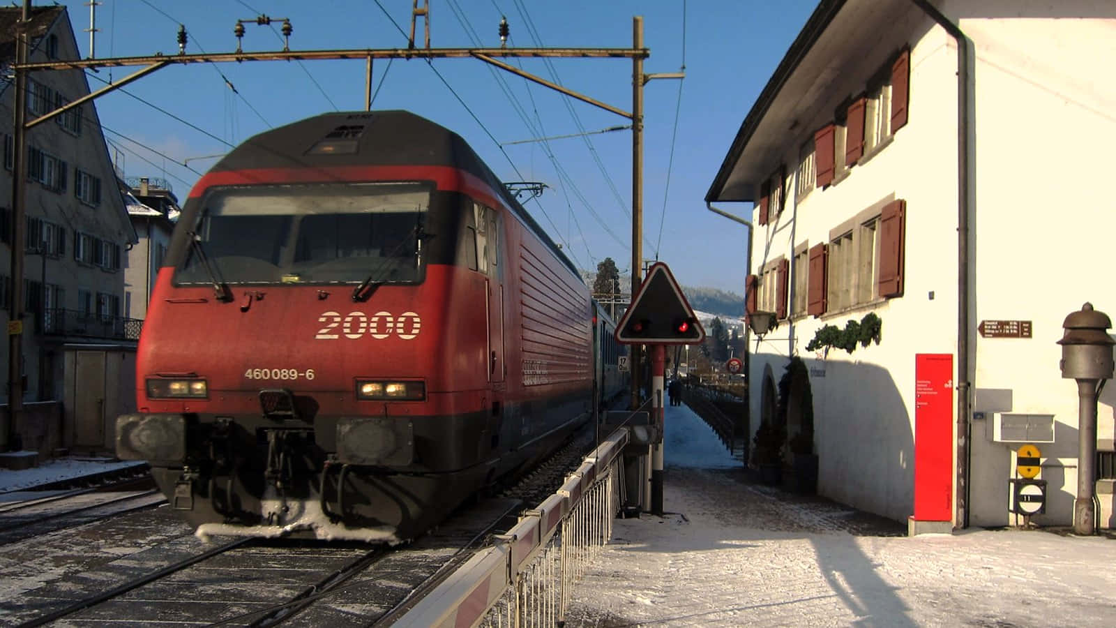 Horgen Switzerland, red Swiss train, train numbered 2000, HD Desktop Wallpaper