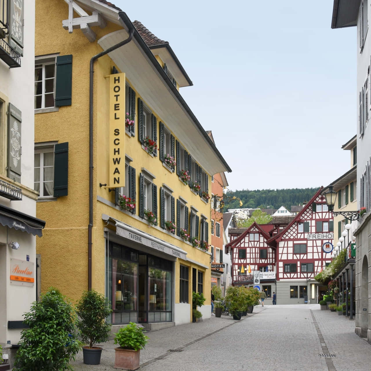 Horgen, Switzerland, cobblestone street, colorful European buildings, HD Desktop Wallpaper